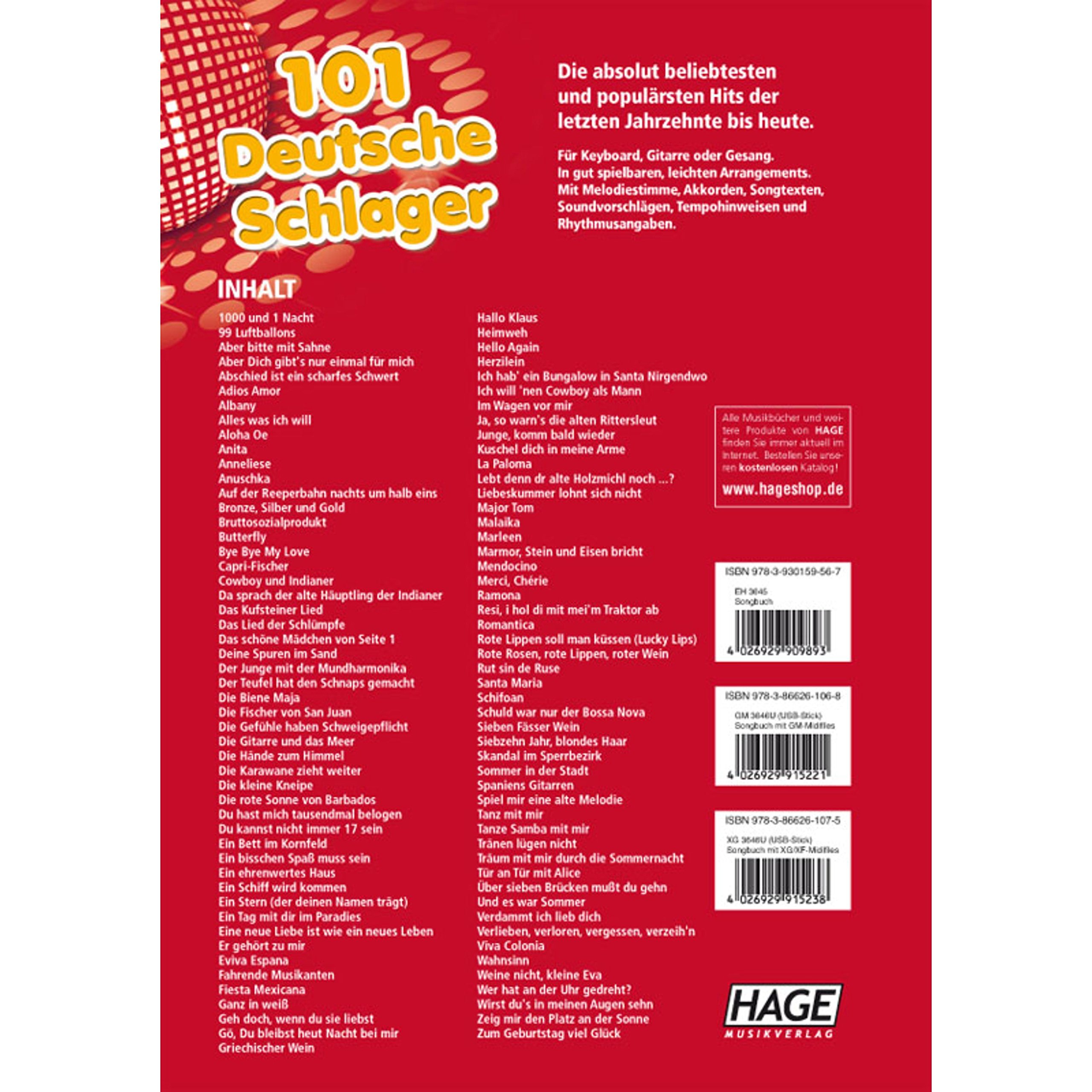 101 Deutsche Schlager - Songbuch: Die beliebtesten und populärsten deutschen Hits der letzten Jahrzehnte