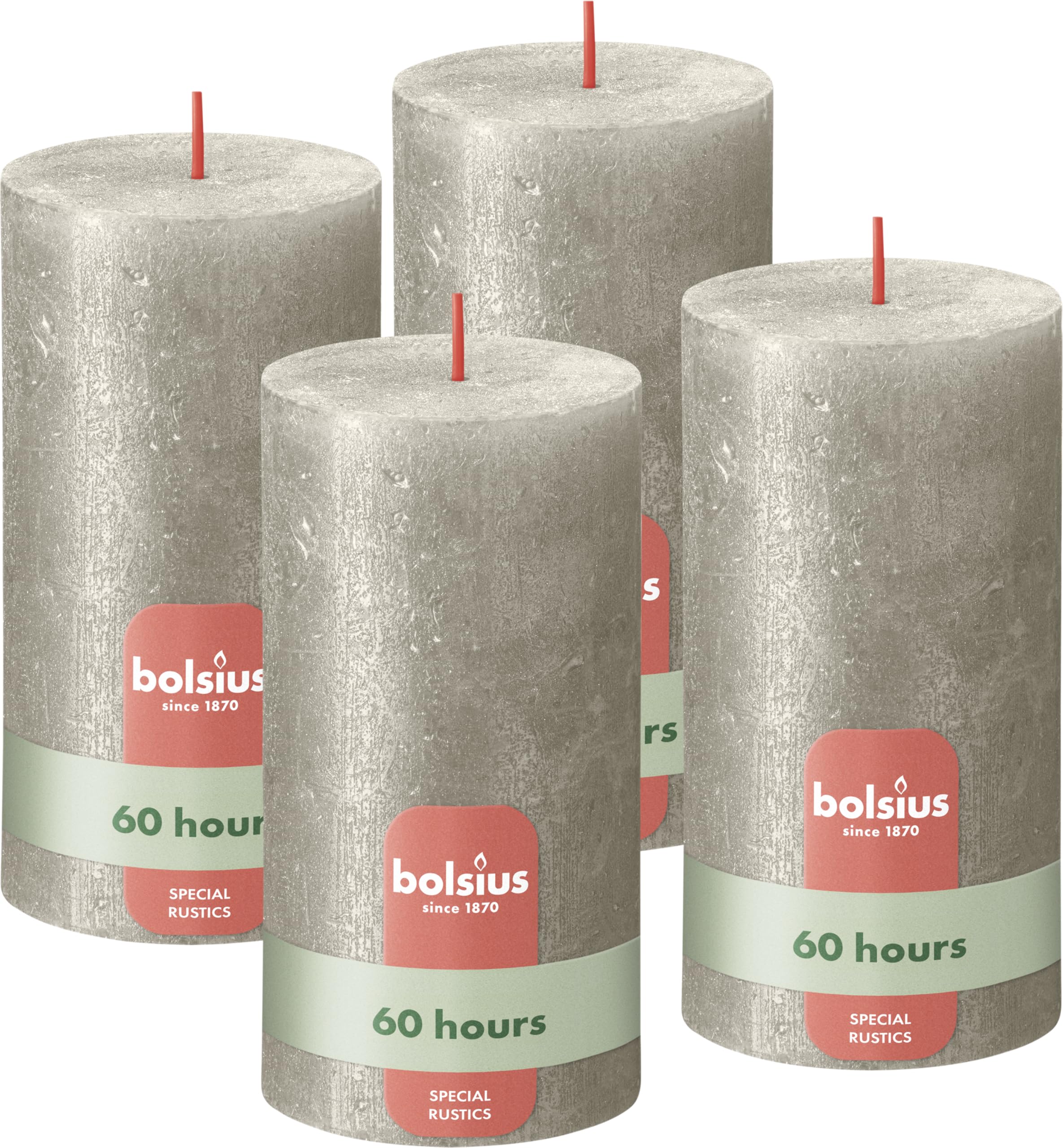 Bolsius Rustic Pillar Candle - Shimmer Champagne - Pack of 4 - Long Burning Time of 62 Hours - Household Candle - Interior Decoration - Unscented - Natural Vegan Wax - No Palm Oil - 13cm