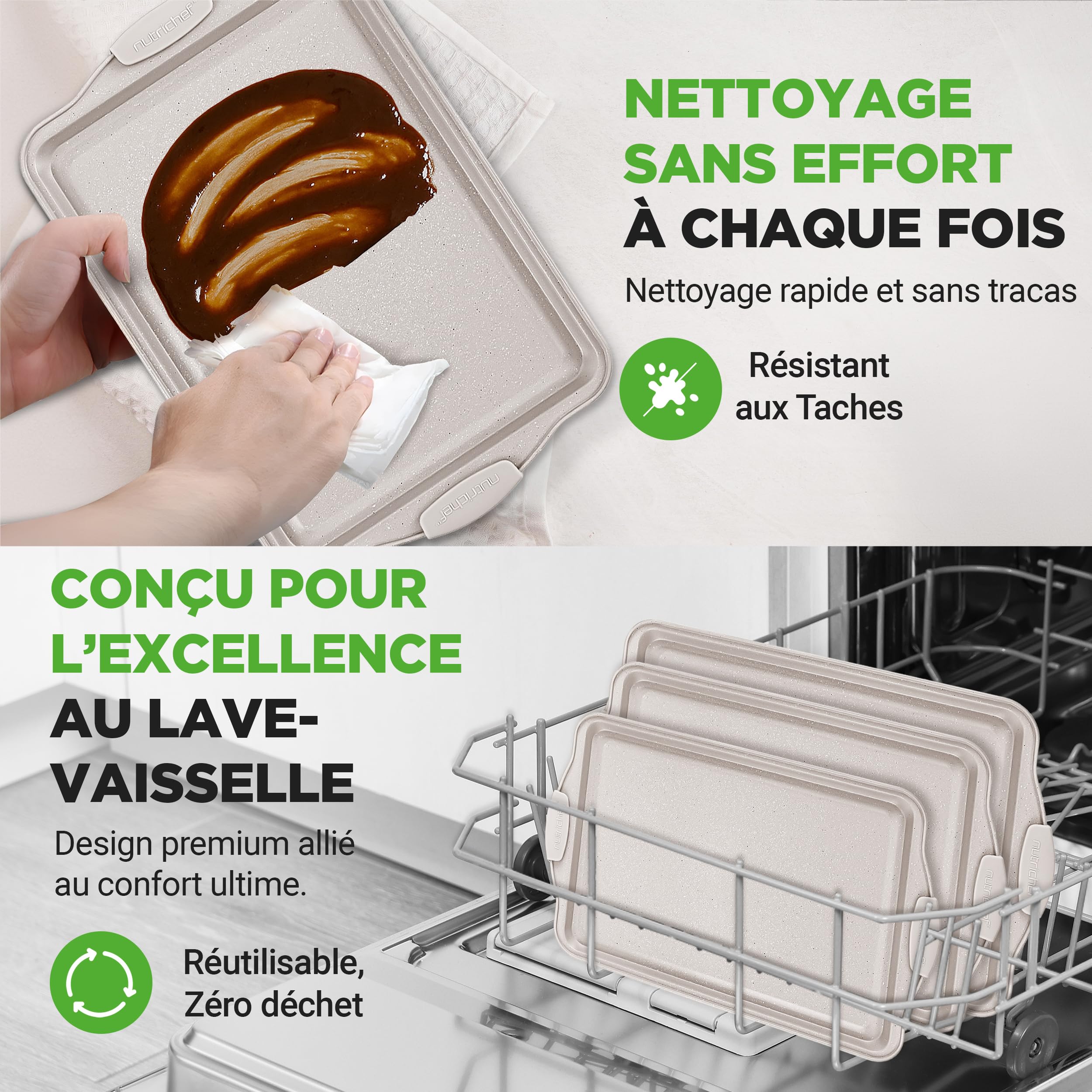 NutriChef Set de 3 Plaques à Pâtisserie Antiadhésives pour Biscuits - Poêles en Acier au Carbone de Haute Qualité avec Poignées en Silicone Noire - Répartition Uniforme de la Chaleur, Sans PFOA/PFOS/