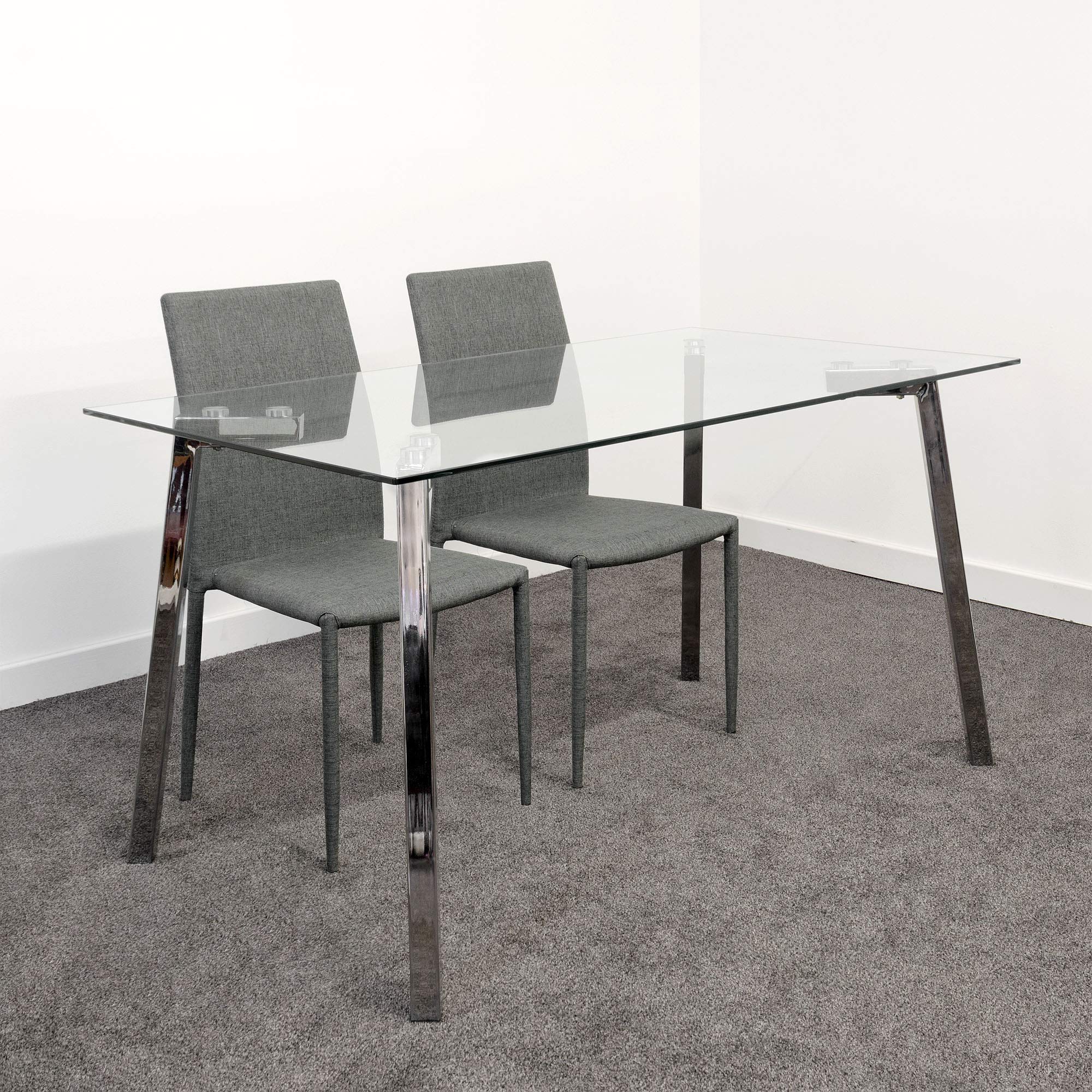 Febland Clear Glass Four Seater Table With Two Grey Dining Chairs, One Size