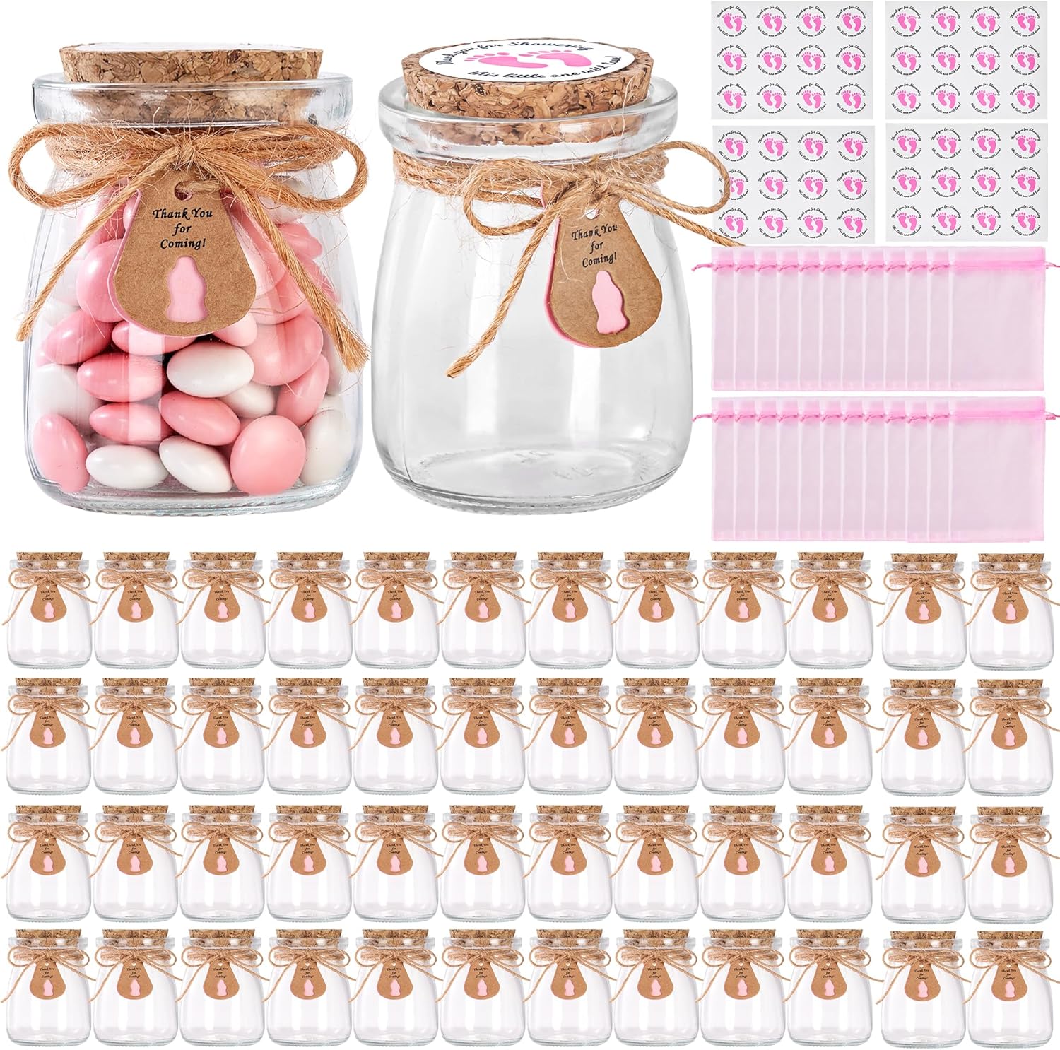 48 Pcs Baby Shower Party Favors for Guests, Baby Shower Gifts for Guest, 3.4 oz Small Glass Mason Jars with Cork Lids, Stickers, Label Tags, Twine, Organza Bags, Mini Candy Jar Favors for Girls
