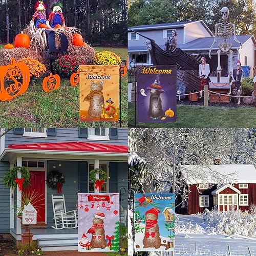 Miniatura 7 de utrwooy Juego de 12 banderas de jardín de temporada para todas las estaciones, verticículo de arpillera, bandera de gato, 12 x 18 pulgadas,