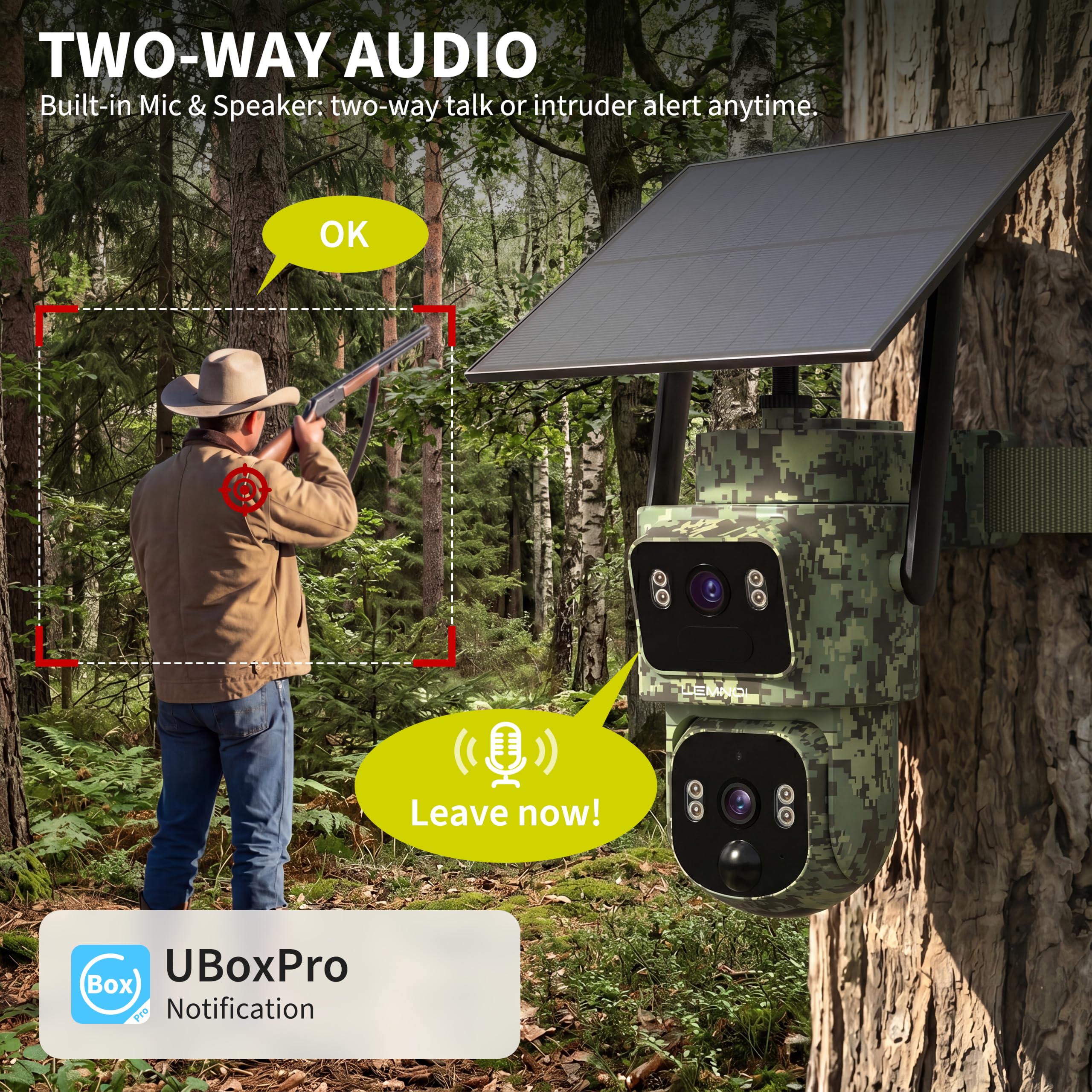 LEMNOI 4G Cámara de Vigilancia Exterior Solar con Dos Lentes, SIM Preinstalado Sin WiFi, 360° PTZ con Seguimiento Humano, Detección de Movimiento, 2K Visión Nocturna, Audio Bidireccional, IP66