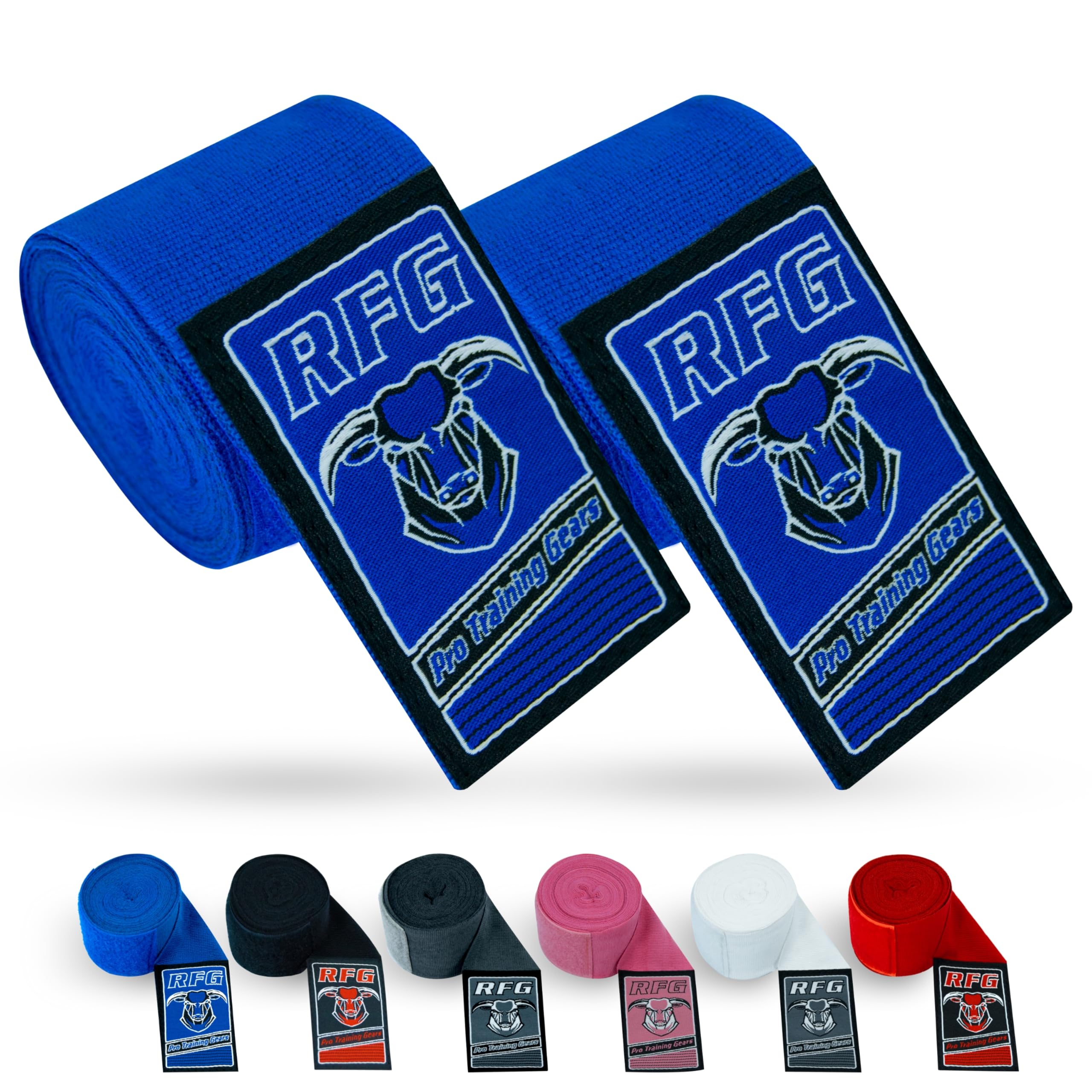 RFG Gears Boxing Hand Wraps, 2.5m, 3.5m & 4.5m Elastic Thumb Loop Bandages, Wrist Protection, Muay Thai MMA Kickboxing Training (Blue, 3.5 Meters)