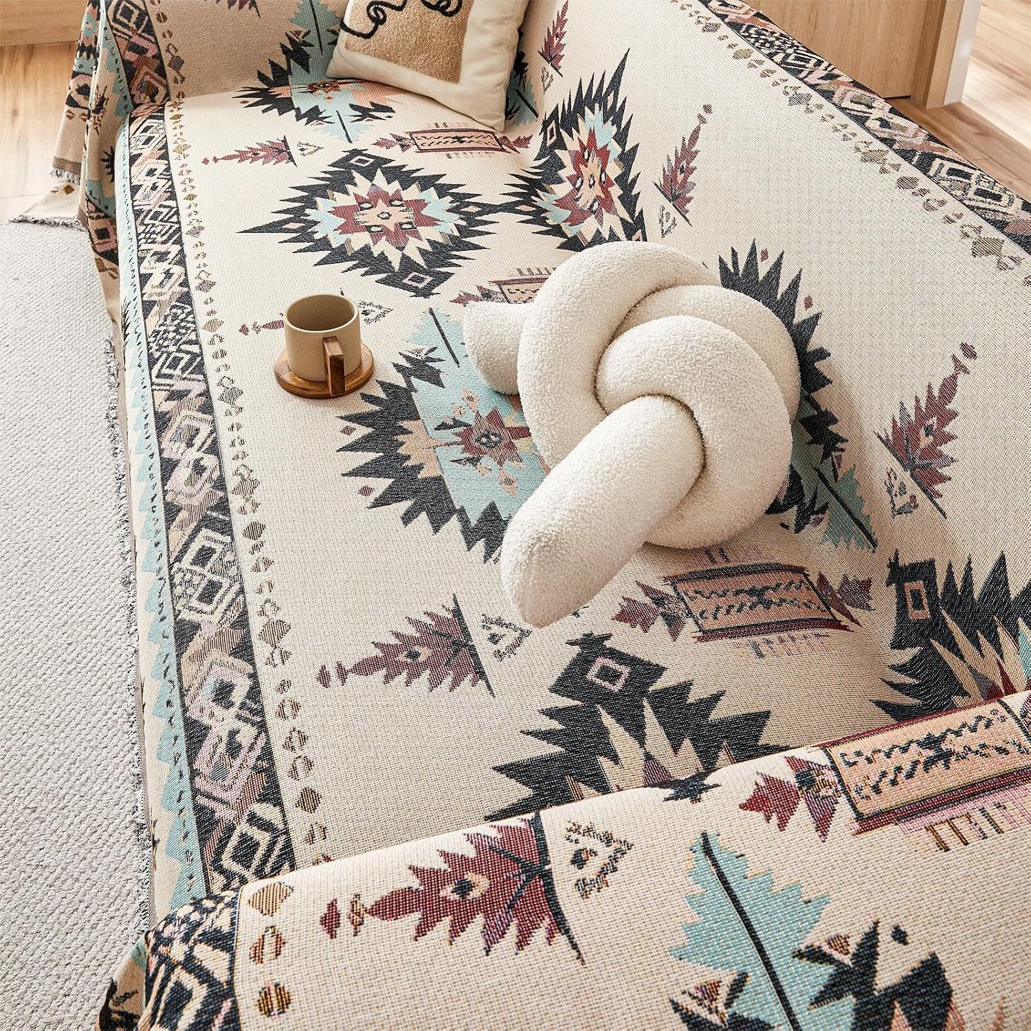 Aztec Boho Couch Cover for 3 Cushion Sofa, Western Beige Reversible Couch Cover Sectional L Shape, Farmhouse Home Decor Chenille Non Slip Washable Large Couch Protector for Dogs 71"x118"