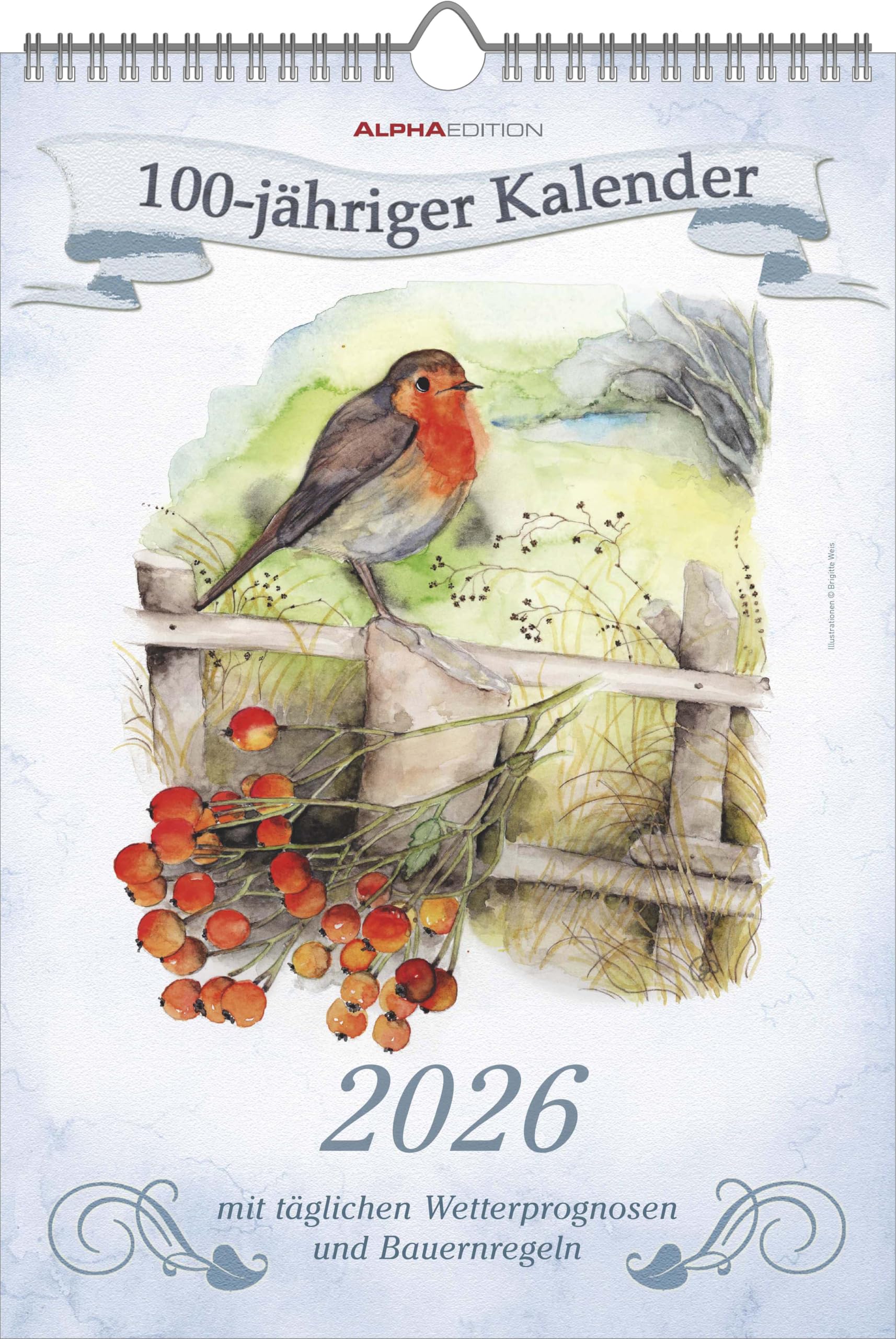 Alpha Edition - 100-jähriger Kalender 2026 – Wandkalender 23,7×34 cm mit täglichen Wetterprognosen, Bauernregeln, deutschsprachigem Kalendarium, FSC-zertifizierter Bildkalender mit Zusatzinfos
