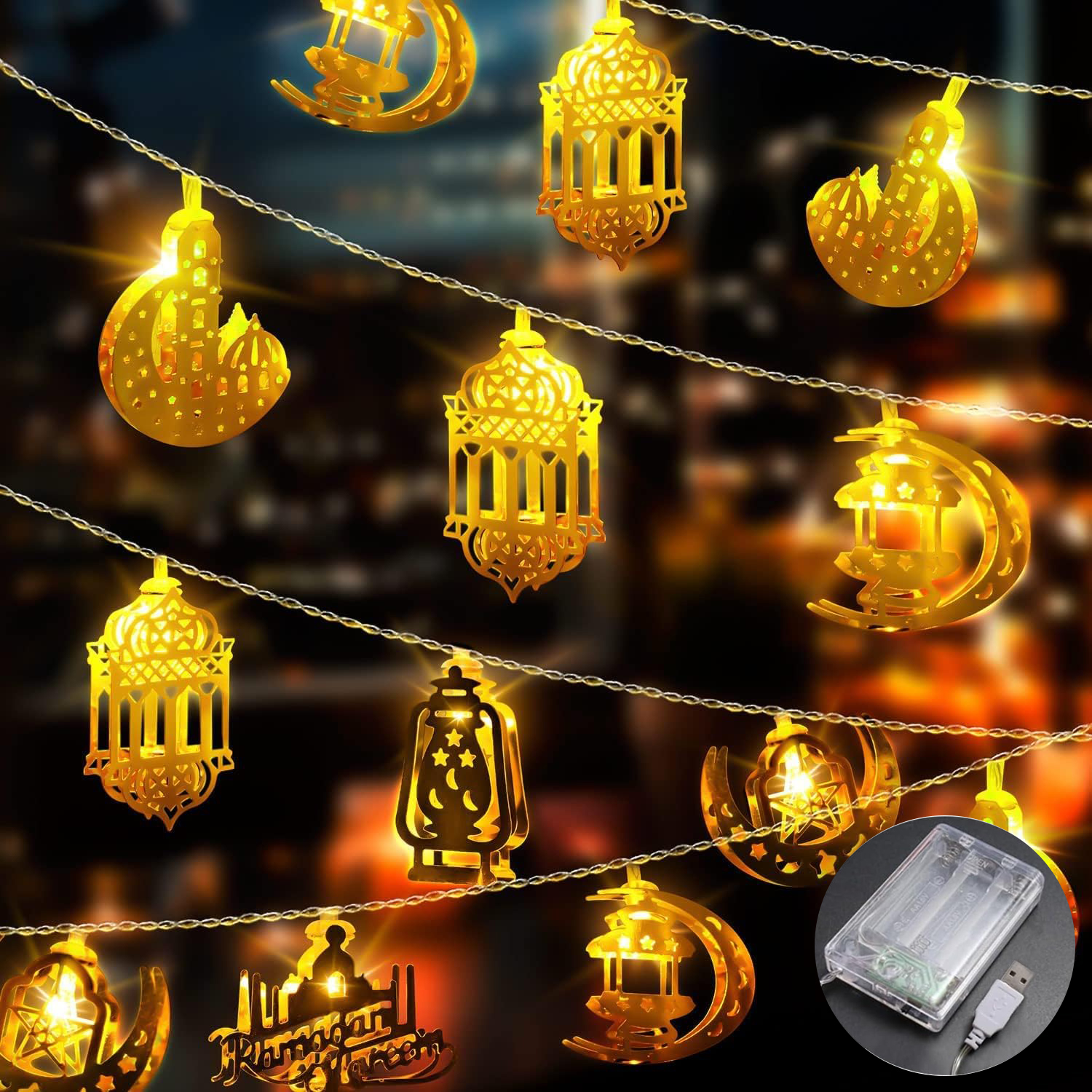 LIHAO Ramadan Lichterkette 4m Mit 20 LEDs – Warmweiße Lichterkette Mit Mond, Stern & Laternen, Batteriebetrieben, Ideal