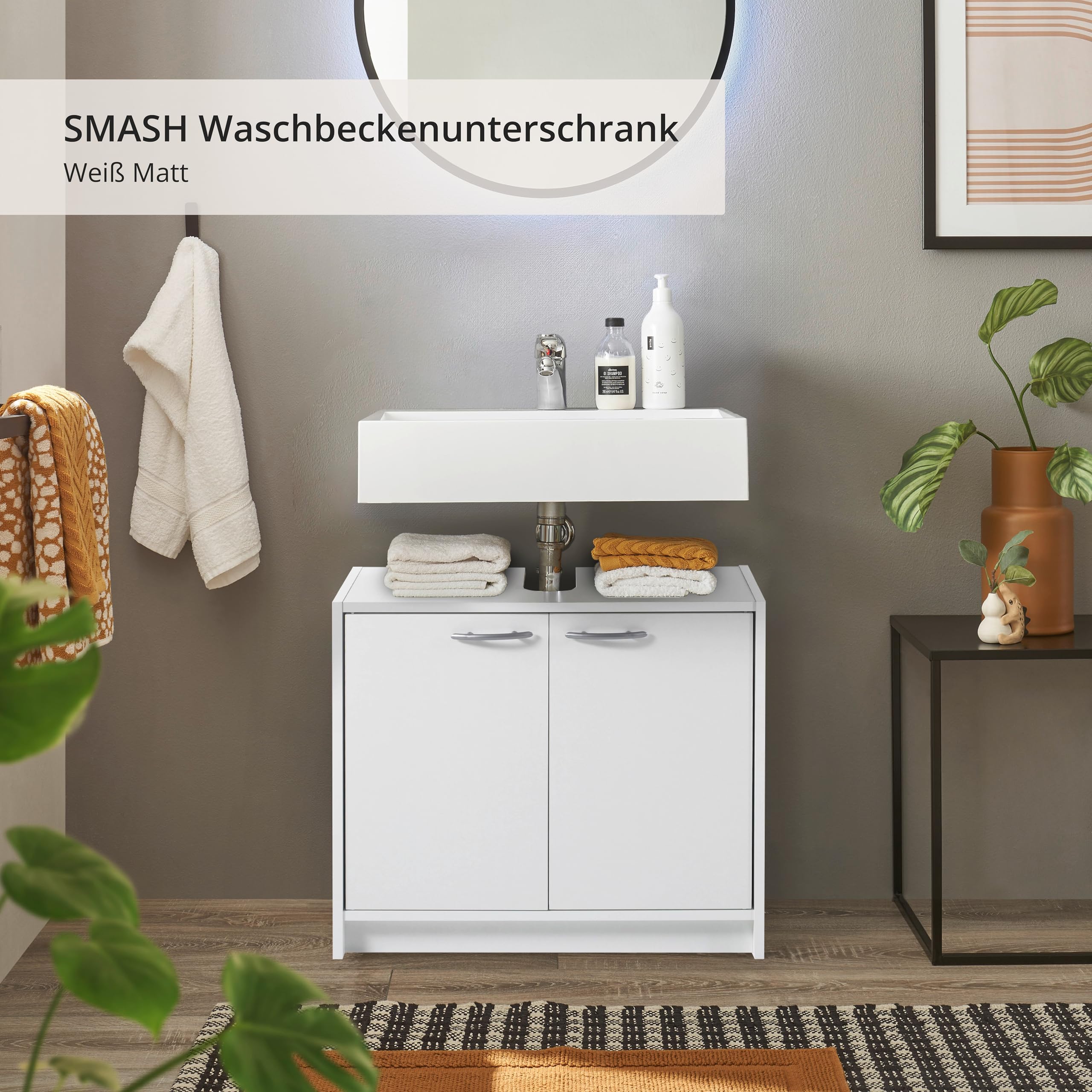 SMASH Badezimmer Waschbeckenunterschrank in Weiß matt - Schlichter Bad Unterschrank Badezimmerschrank mit viel Stauraum - 63 x 55 x 29 cm (B/H/T)