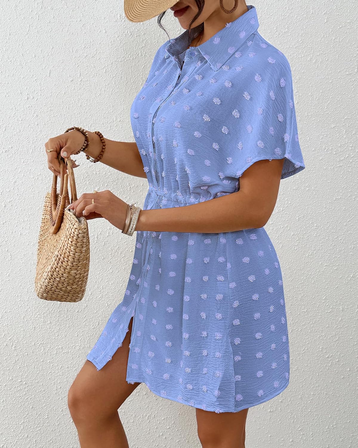Bsubseach Women's Swimsuit Coverup Swiss Dot Button Down Drawstring Beach Shirt Dress 2026 Resort Wear Bathing Suit Cover Up