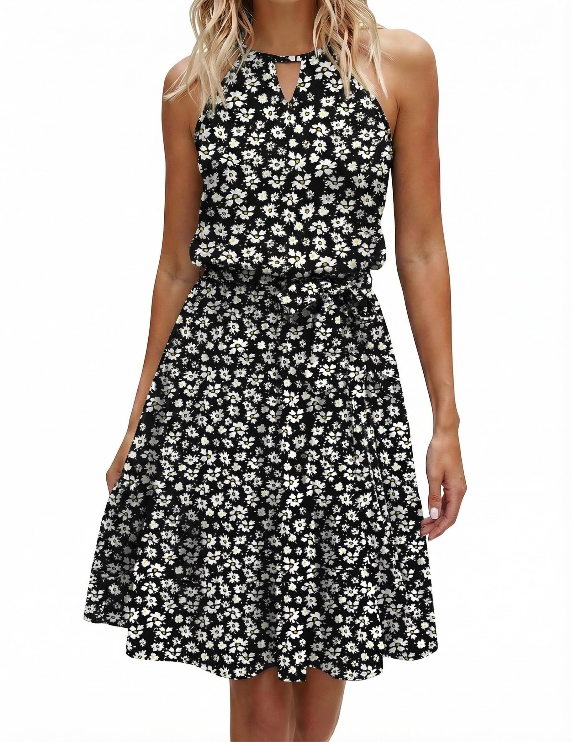 Zeagoo Kleid Damen Sommer Neckholder Kleider Knielang Keyhole Sommerkleid Rüschen Blumenkleid Freizeitkleid mit Taschen