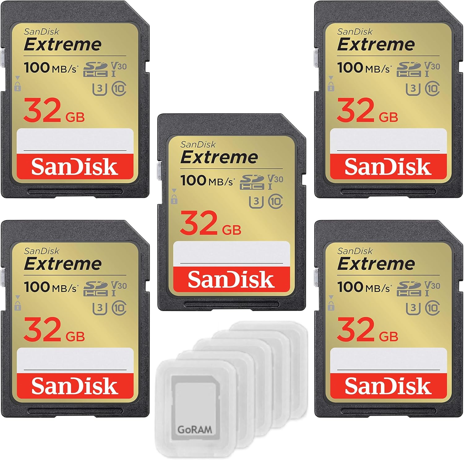 SanDisk 32GB (5 Pack) Extreme SDHC UHS-I Class 10 Memory Card 100MB/s U3, V30, 4K, SD Camera Card SDSDXVT-032G Bundle with (5) GoRAM Plastic Cases