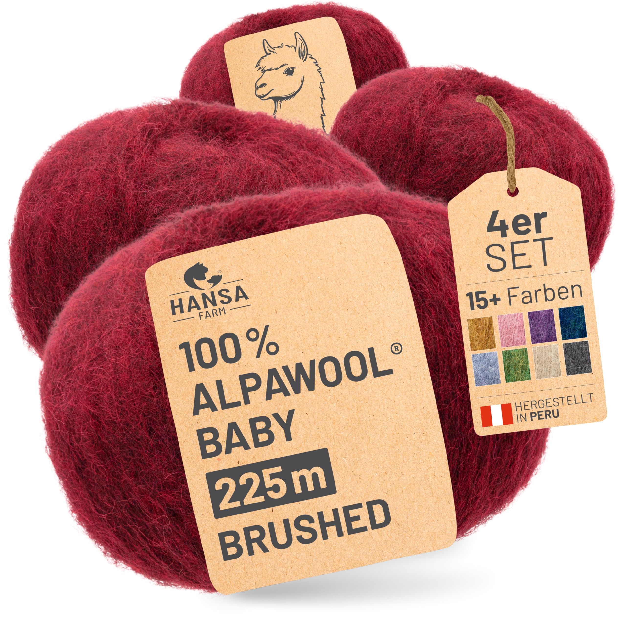 HANSA-FARM |Alpawool 100% Baby Alpaka Brushed 200g Set (4 x 50g) leichte und kratzfreie Wolle zum Stricken & Häkeln - HF179 Weinrot Melange