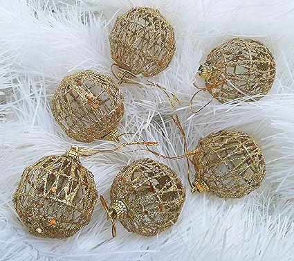 Urvi Creations Christmas Xmas Tree Decoration 6 Pcs Golden Net Balls Hanging Ornaments for Xmas Christmas Craft
