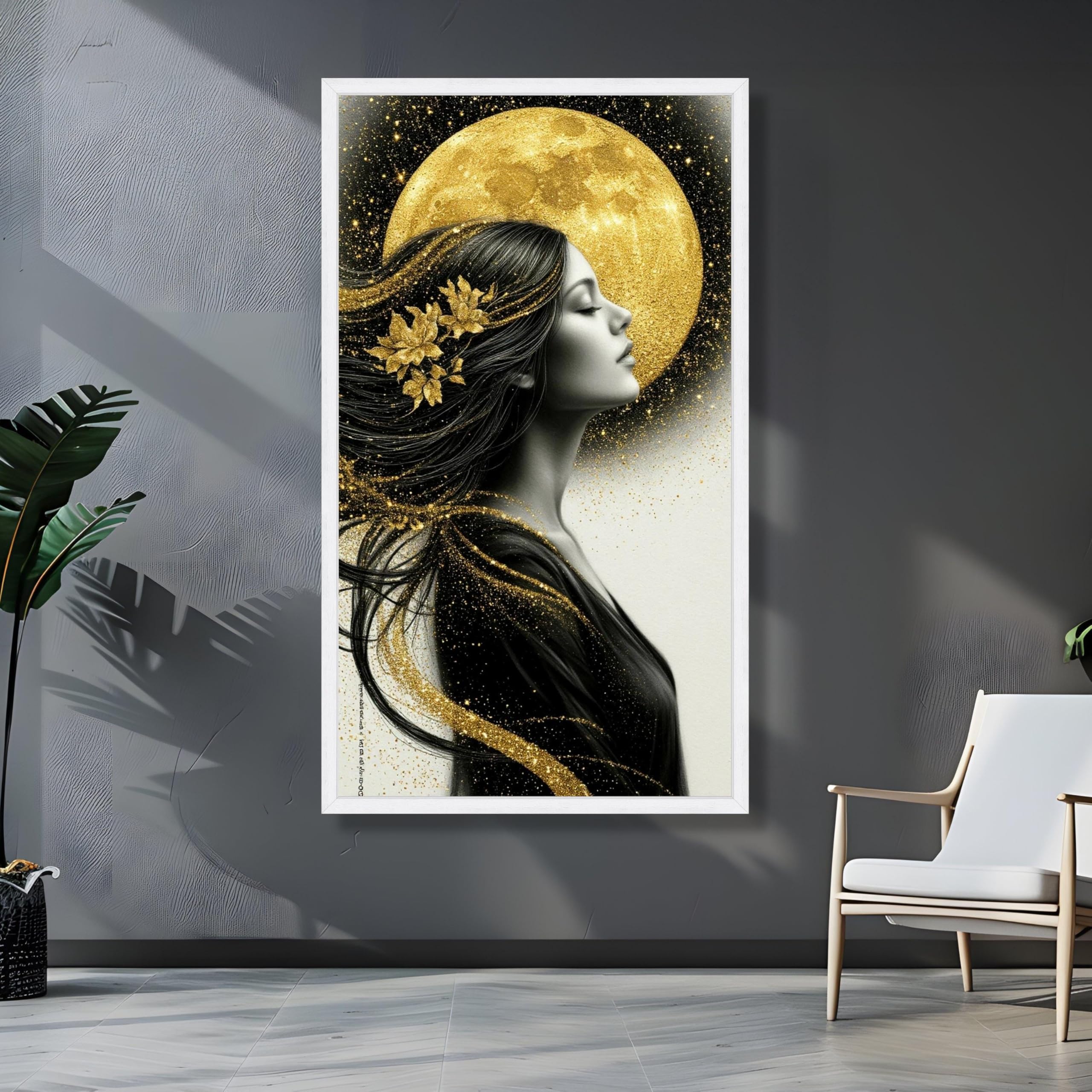 LMYCHENG Złoty księżyc kobiety Mural Mural Czarny Złoty Obraz na płótnie Kobieta Portret Plakat i wydruki Niebiańskie (50 x 90 cm/wewnętrzna rama)
