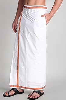 Men's 100% Pure Cotton White With Gold Jari Lungi in Size 2 Mtrs Single Lungi- Pack Of 1