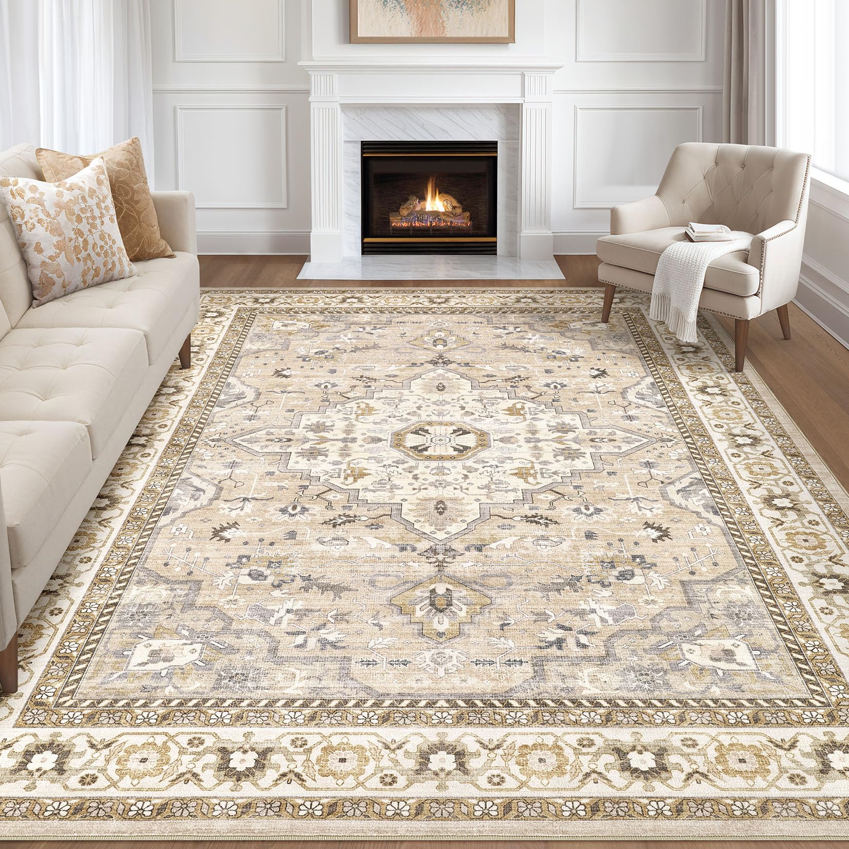 LOONGRUG 7x9 Area Rug Washable Vintage Boho Living Room Rug Beige Grey