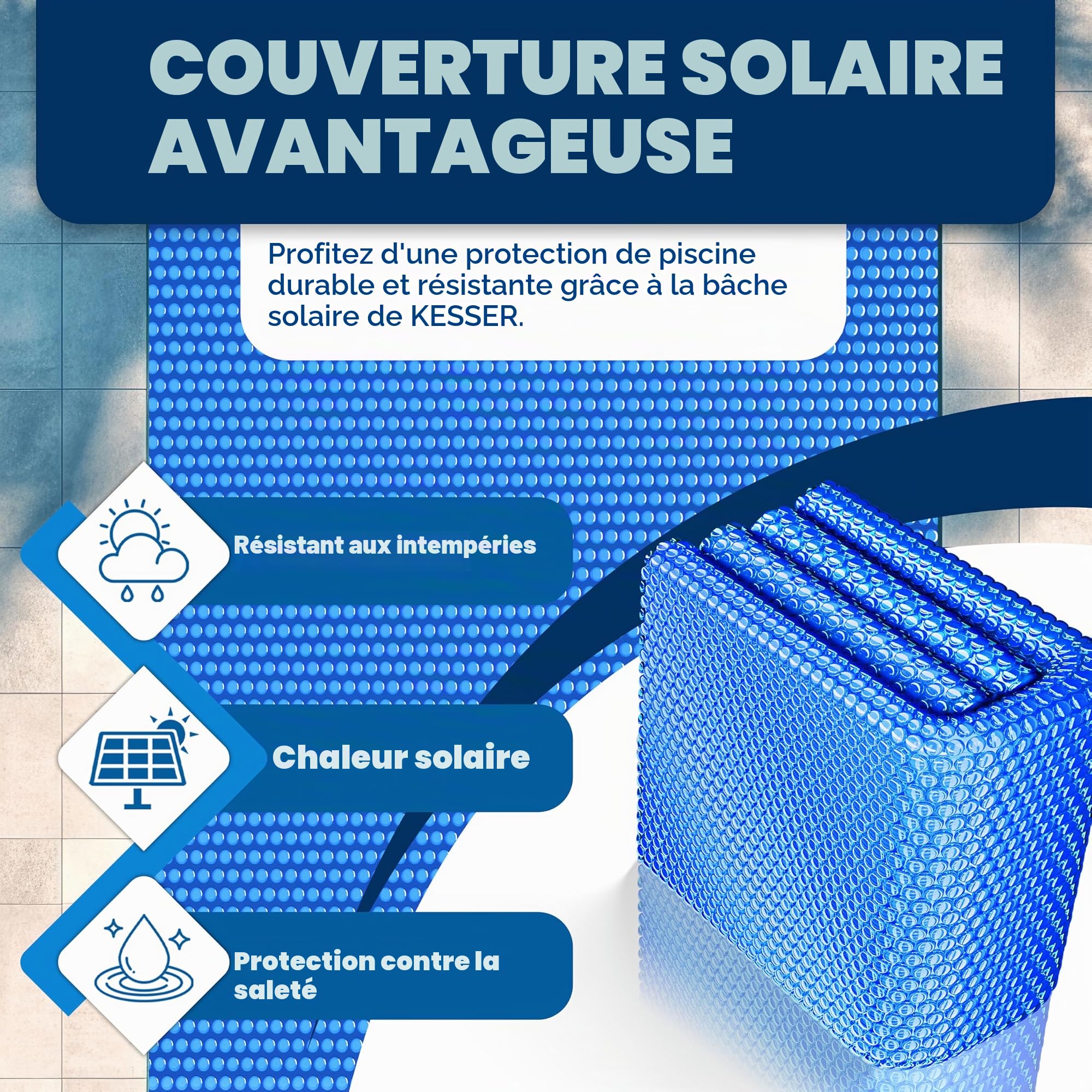 KESSER® Film solaire de piscine 400 µm, Bâche solaire rectangulaire 700 x 400 cm, Bâche de protection solaire flexible à découper, Bâche de piscine pour chauffage de l'eau, Couverture solaire avec