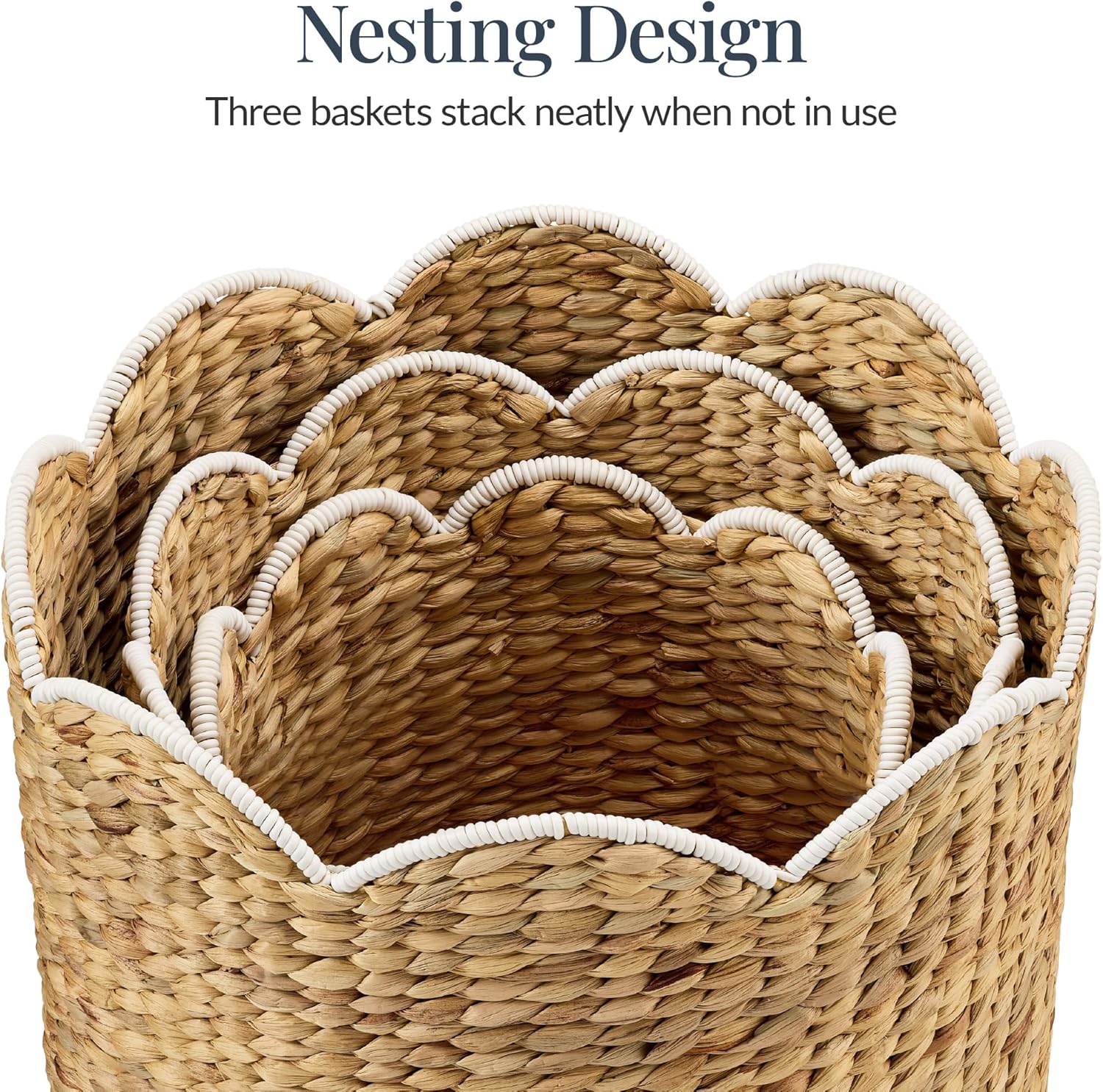 Best Choice Products 3pc Water Hyacinth Scalloped Multipurpose Nesting Baskets, Storage Bin Organization Totes for Living Room, Bedroom, Nursery, Laundry Room - Natural w/White Trim