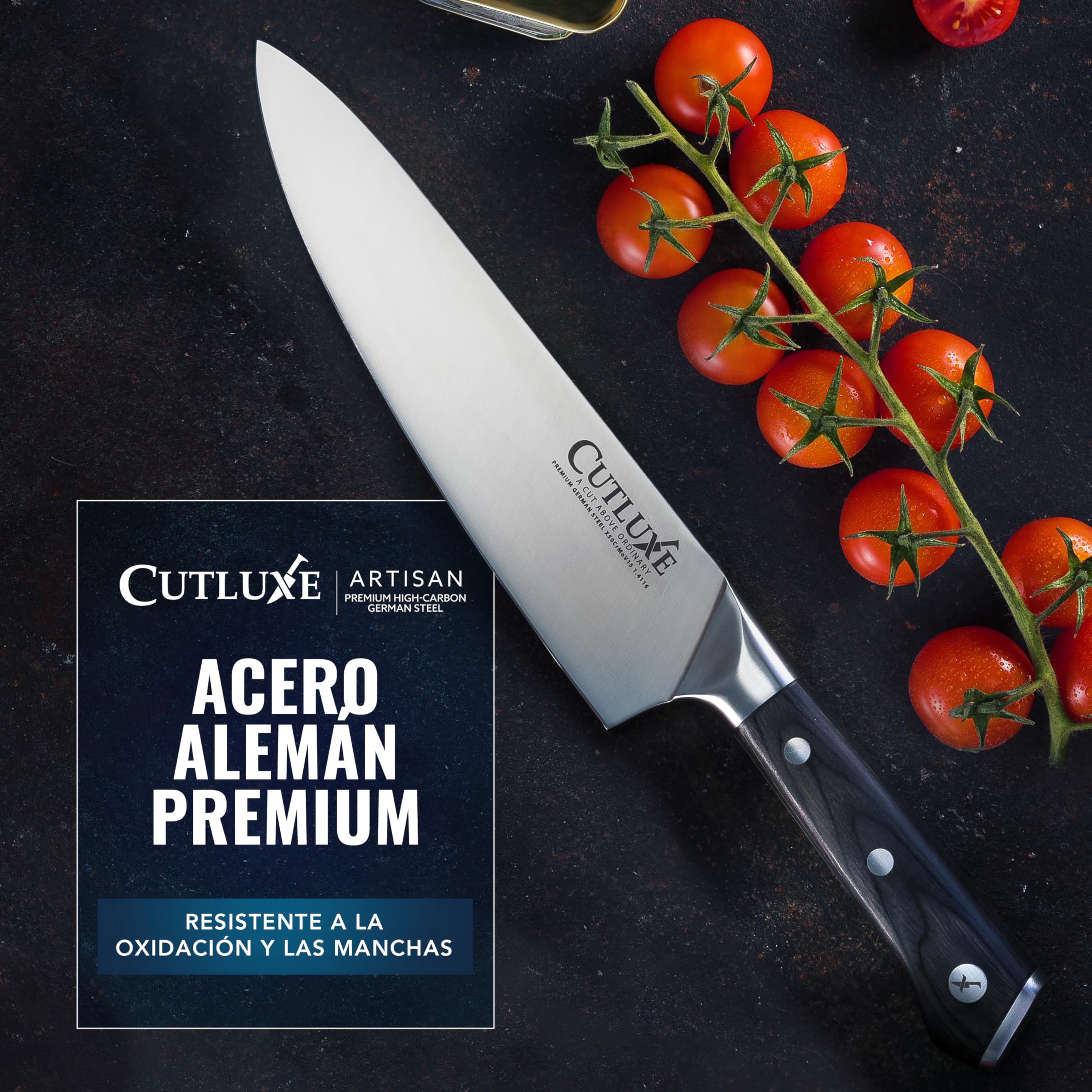 Cutluxe Juego 5 Cuchillos de Cocina – Acero Alemán, Filo de Navaja | Incluye chef, santoku, utilitario, trinchar y pelar; espiga completa y mango ergonómico