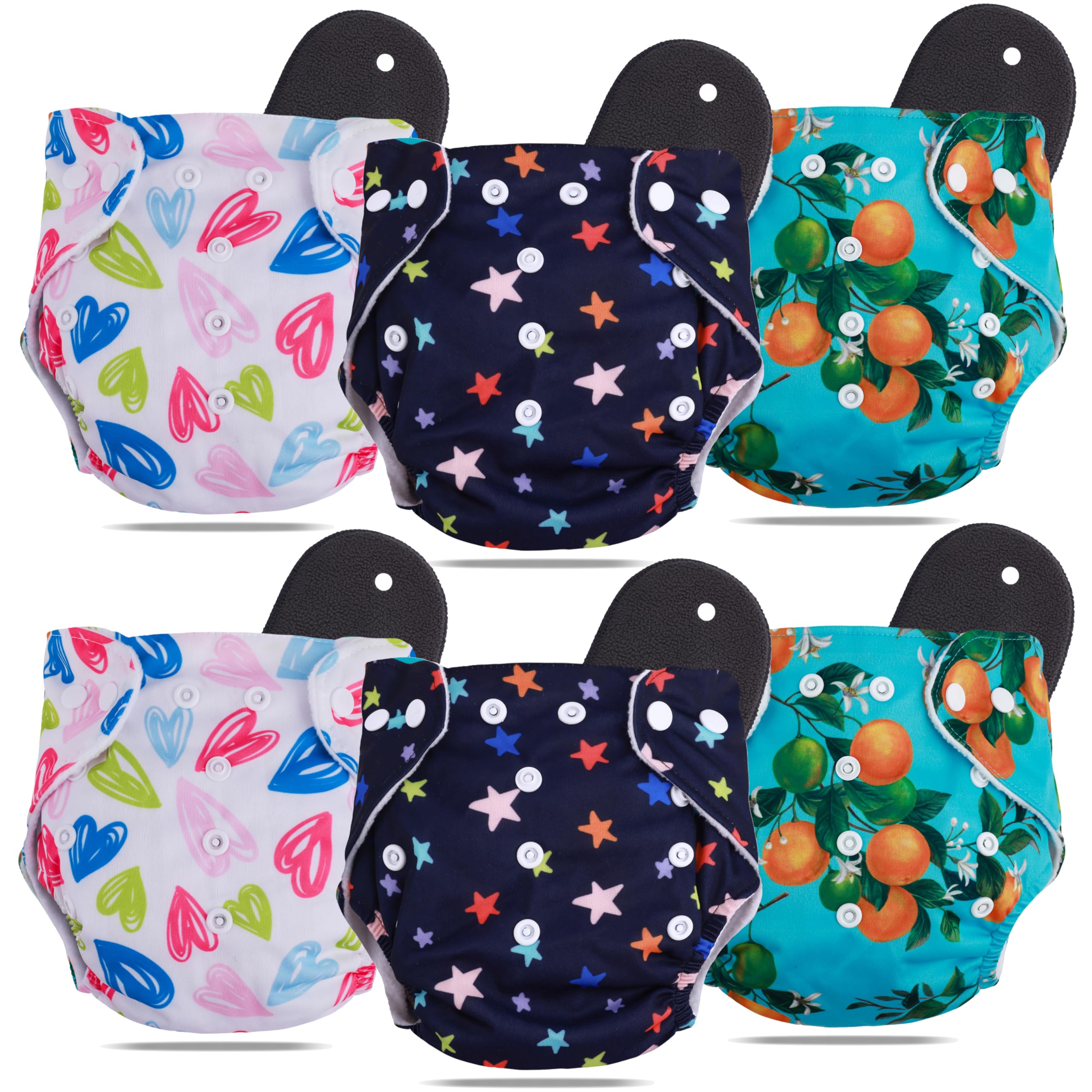 Novo BabyLeakage Proof Reusable Cloth Diaper With 5 Layer High absorbent Pad | Reusable Nappies| Freesize for Kids 0-3 Yrs | washable diapers (Pack of 6)