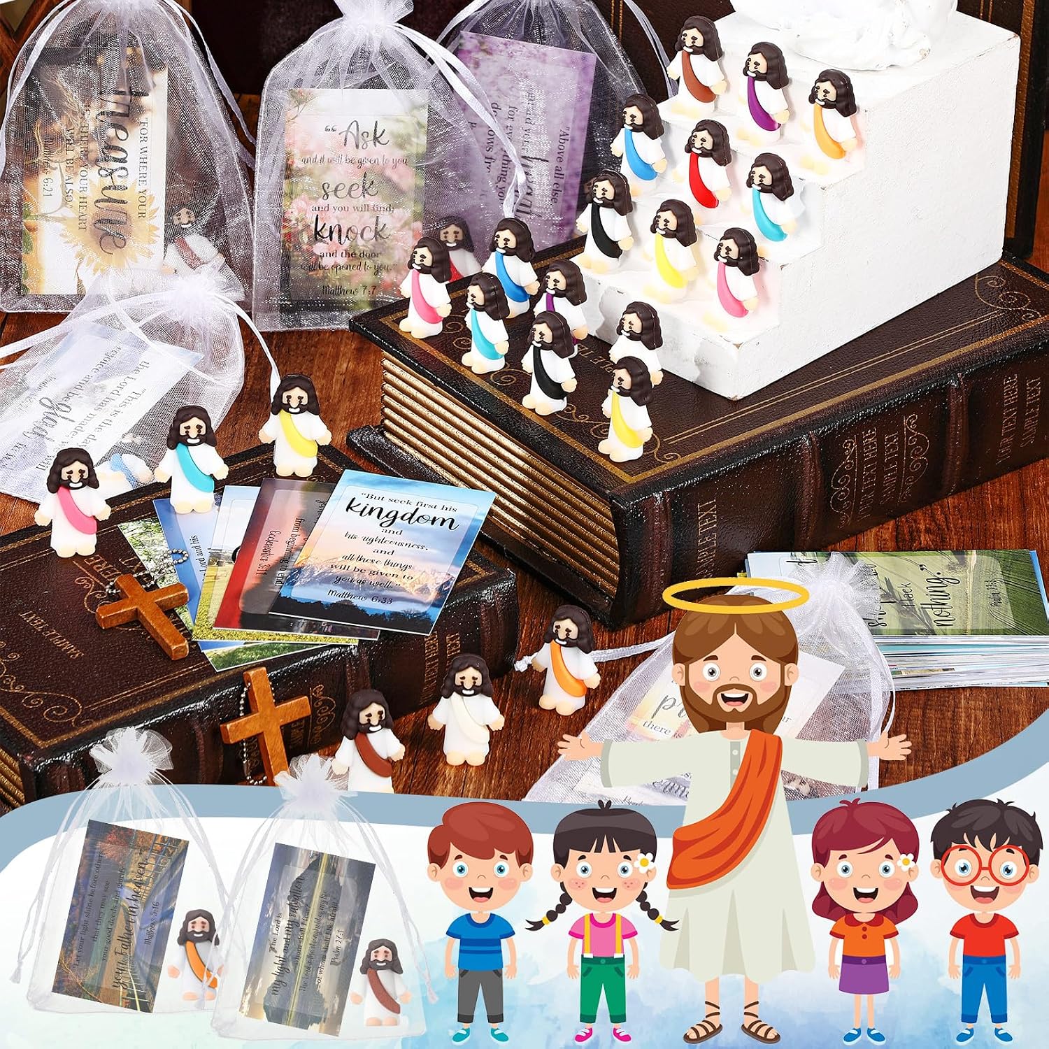 Bememo 50 Sets Christian Gifts Bulk Bible Verse Cards Include Little Jesus Figures Prayer Cards and Organza Bags for Religious Party Favors Sunday Baptism Gifts(Landscape Style,Classic) image 2