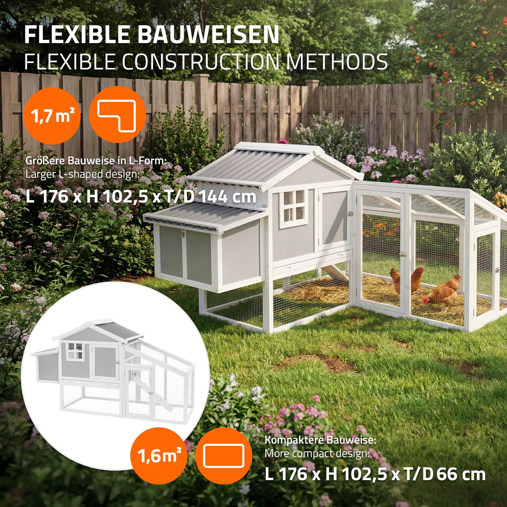 ECD Germany Gallinero Exterior de Madera Maciza con Corral para Gallinas, XXL 144x176x102,5cm Cubierta de Alambre Galvanizado, Bandeja de Heces Extraíble, Dos Cajas Nidos y Rampa, Parque para Animales