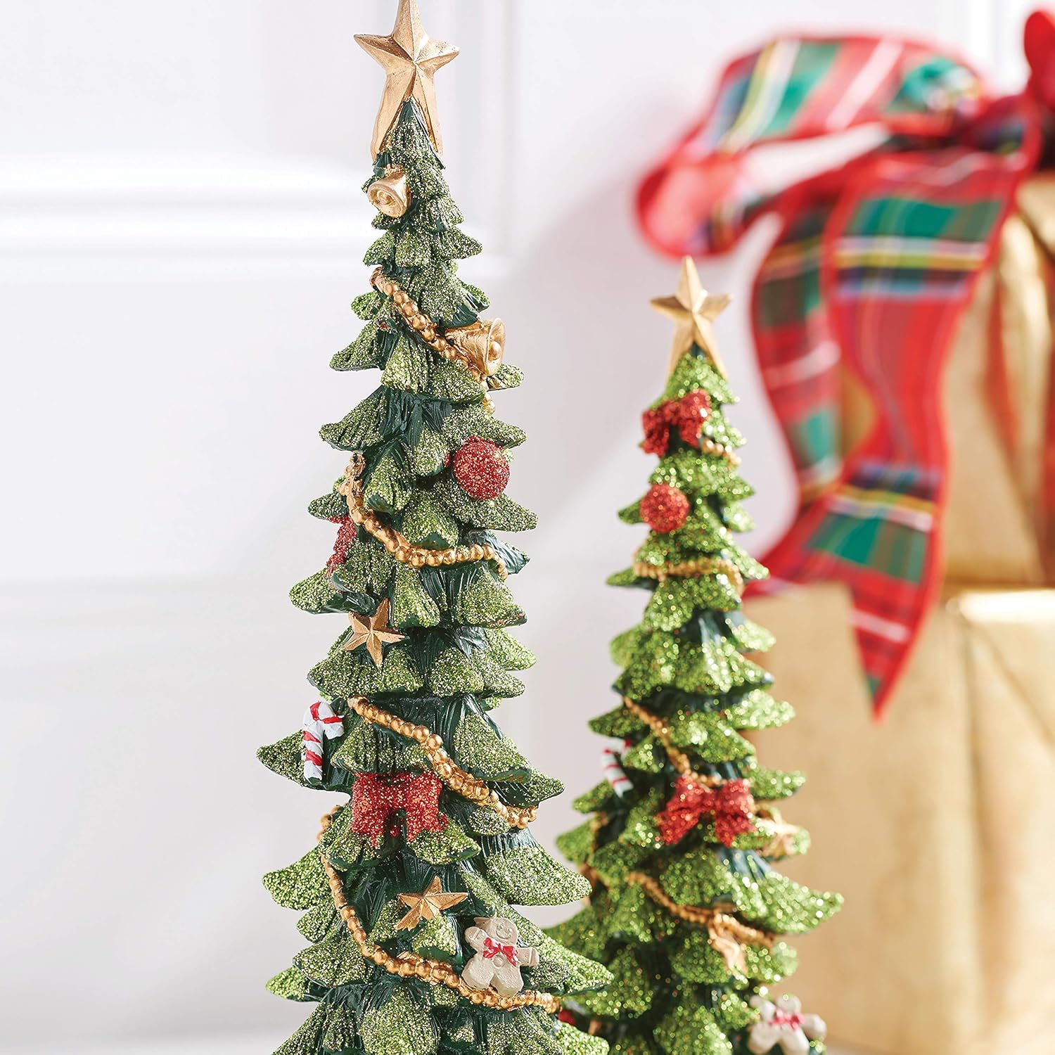 Decorated Christmas Tree Figurines in Glittered Green, Red and Gold -12 Inches and 9 inches high