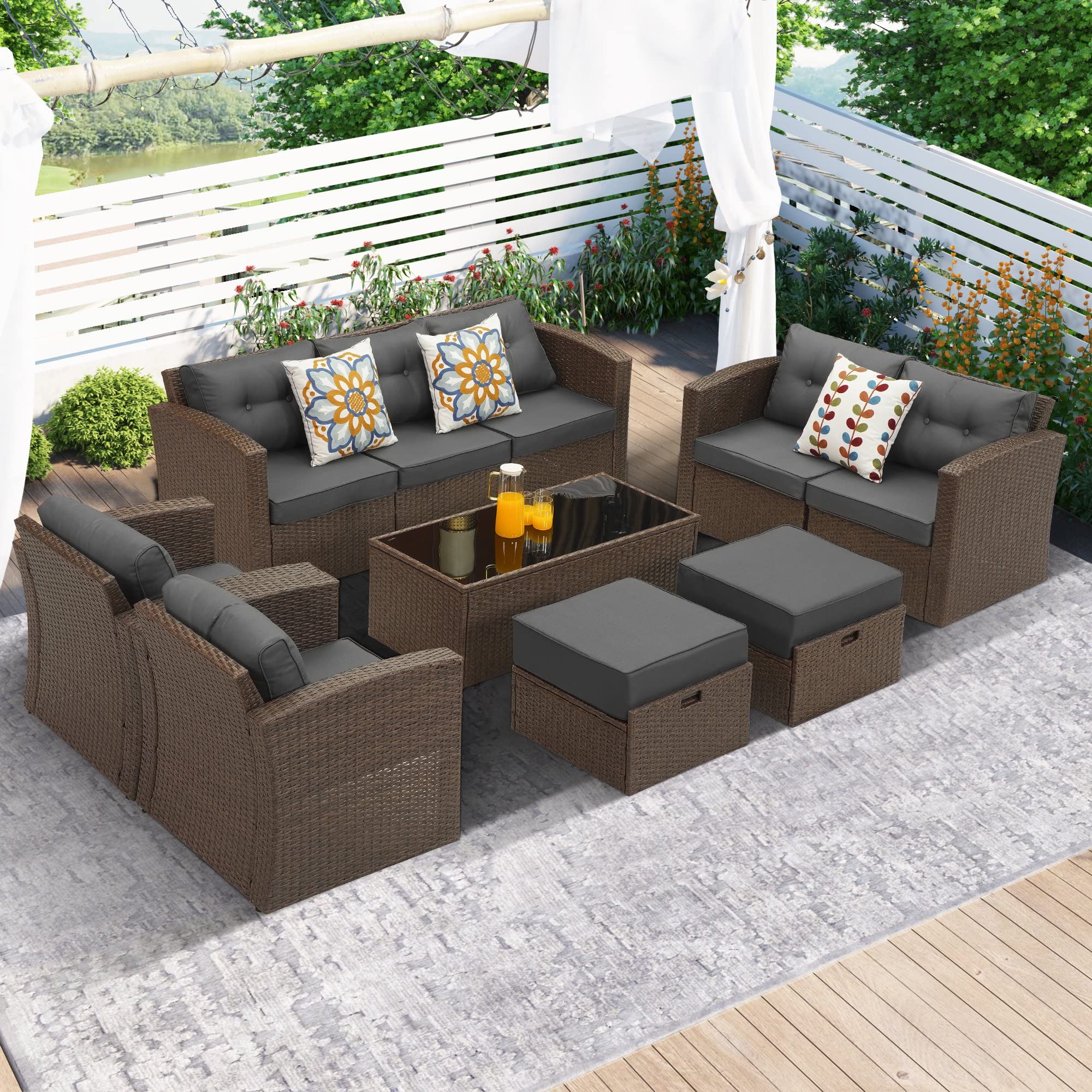 7 Piece Outdoor Conversation Patio Furniture Set All Weather Wicker Sectional Couch Sofa with Center Table Ottoman for Garden, Terrace, Porch, Lawn, Backyard (Dark Brown & Grey)-image-29
