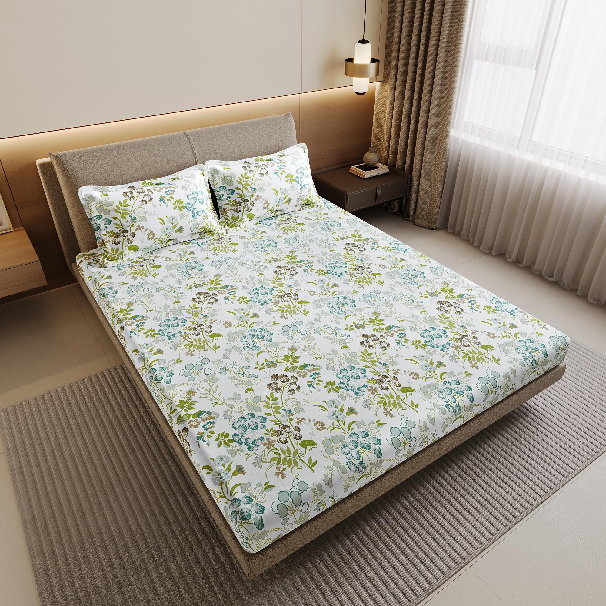 Divine Casa Double Size Bedsheet for Double Bed, 144 TC Pure Cotton Queen Size with 2 Pillow Covers | 222 by 254 cm | Floral | Mint Blue-image-9