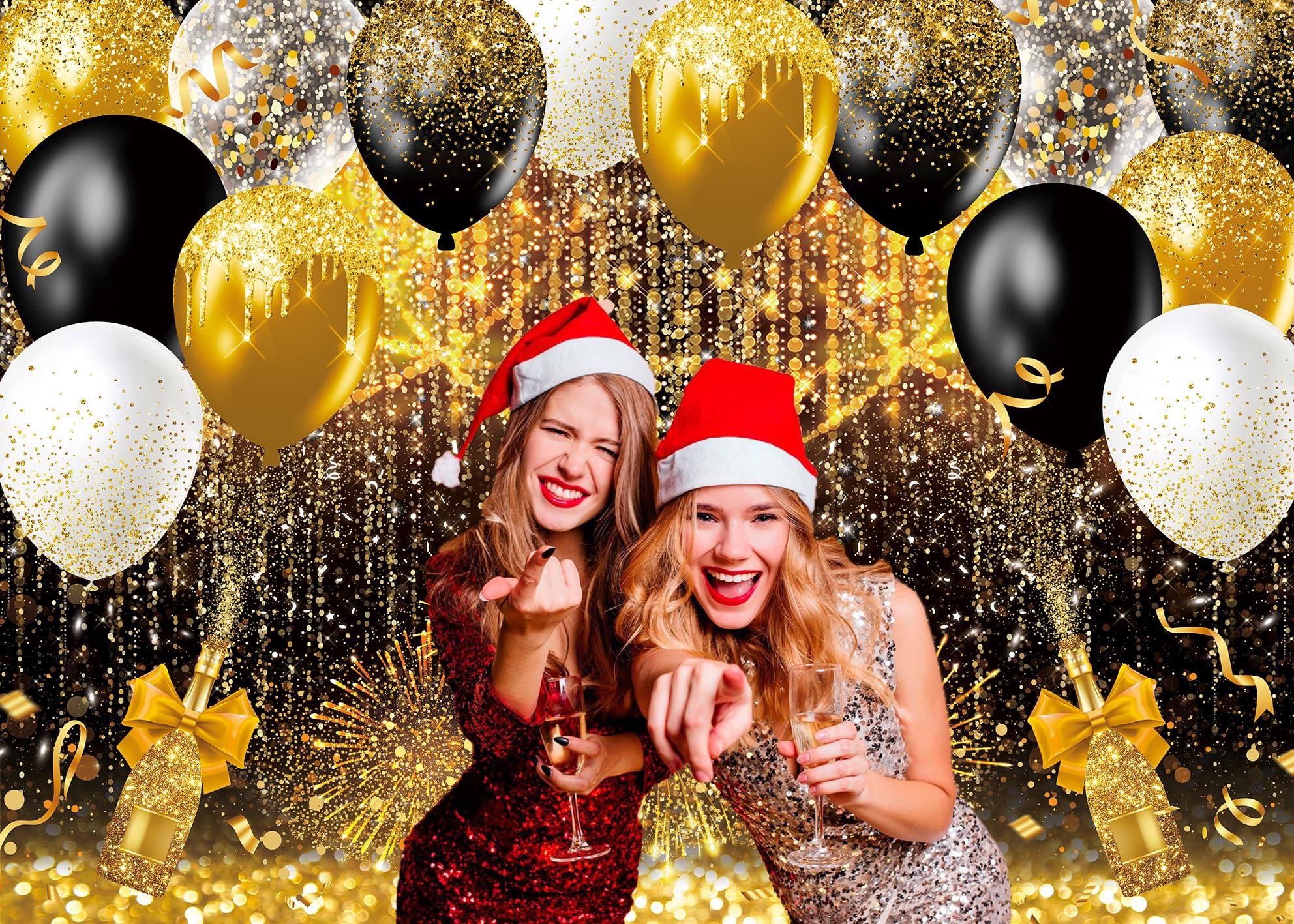 Sfondo fotografico con palloncini oro nero e oro glitterato a pois bokeh, sfondo fotografico per compleanno, matrimonio, Capodanno, feste, sfondo sfondo (nero oro, 240 x 180 cm)