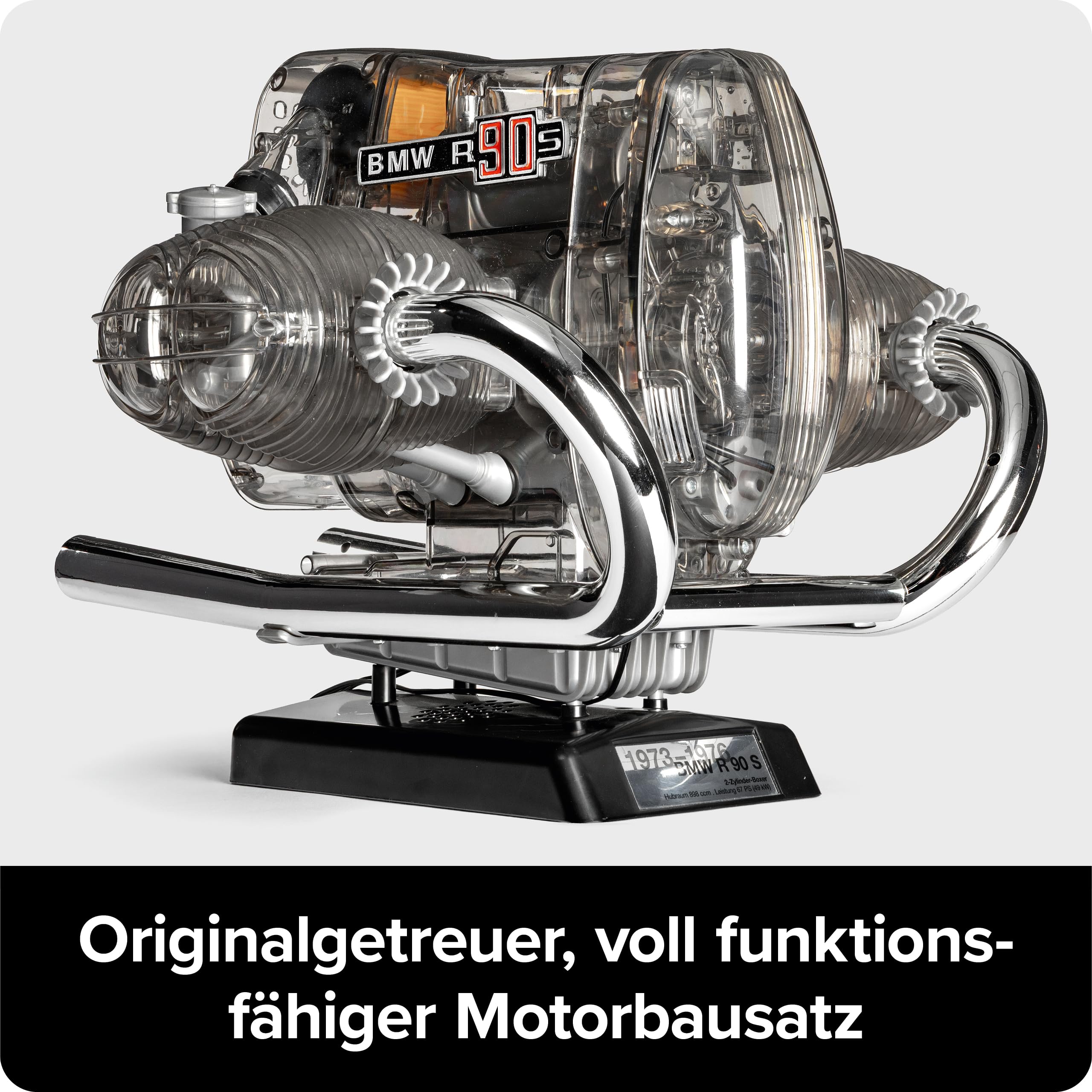 Franzis BME019 67009 0 BMW R 90 S Boxermotor originalgetreues Modell, Bausatz mit schaltbarem 5 Gang Getriebe, über 200 Teile und Begleitbuch, bunt