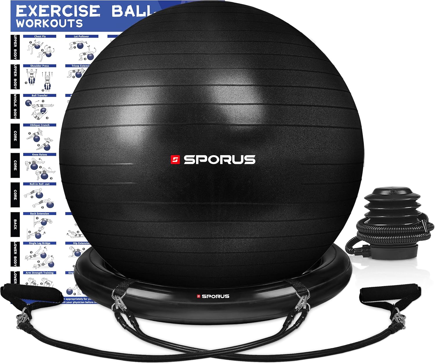 Exсluѕіvе Sporus Exercise Ball Chair 65 cm, Yoga Ball for Office, Fitness Ball with Stability Ball Base, Improve Balance, Strength Posture for Pregnancy Fitness Home [Workout Poster & Resistance Bands Included]