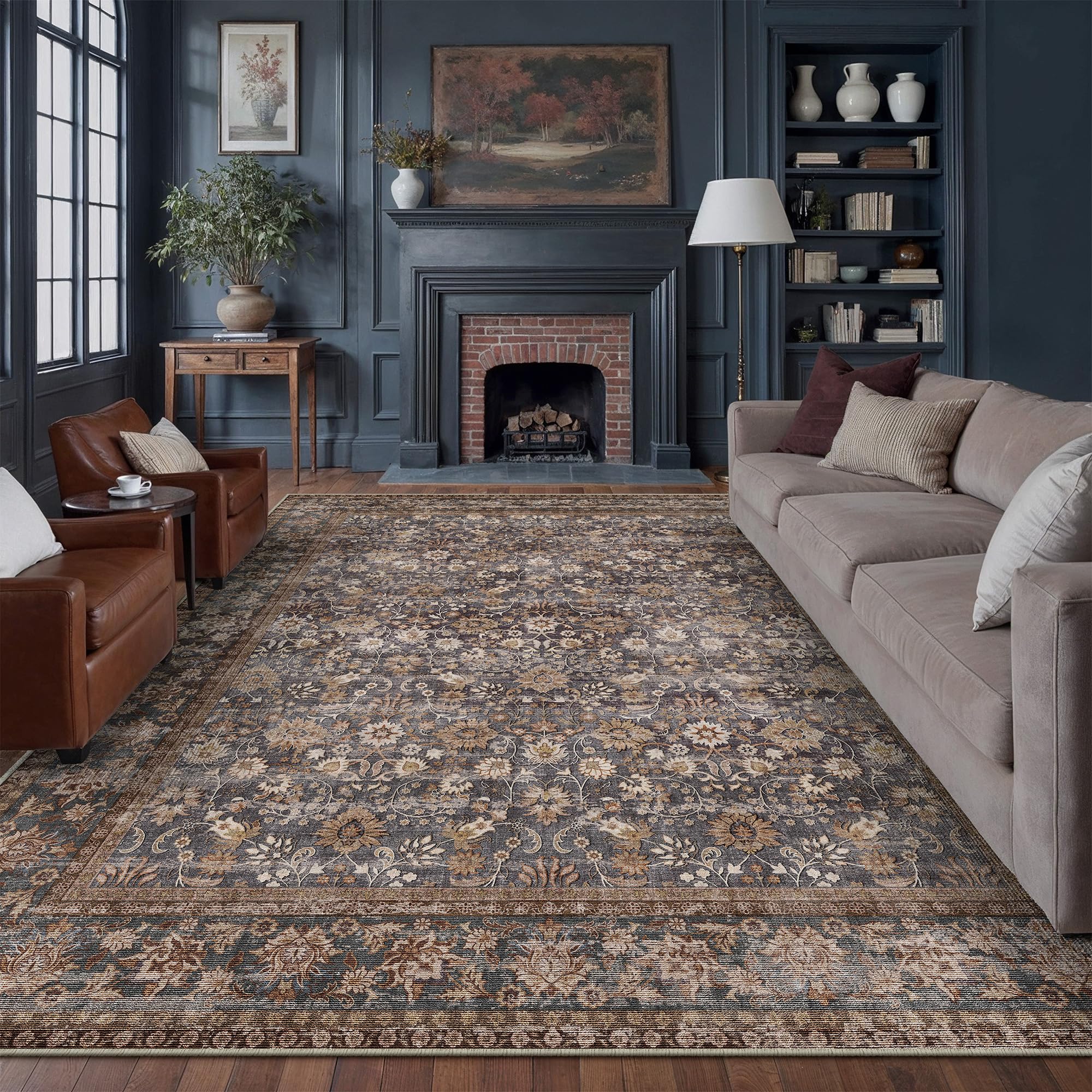 PureCozy Vintage Area Rug Living Room Extra Large 240x300 cm Machine Washable Non Slip XXL Rugs for Kitchen Bedroom Dining Room Home Office, Soft Low Pile Carpet for Indoor Home Decor,Brown & Blue — image 1