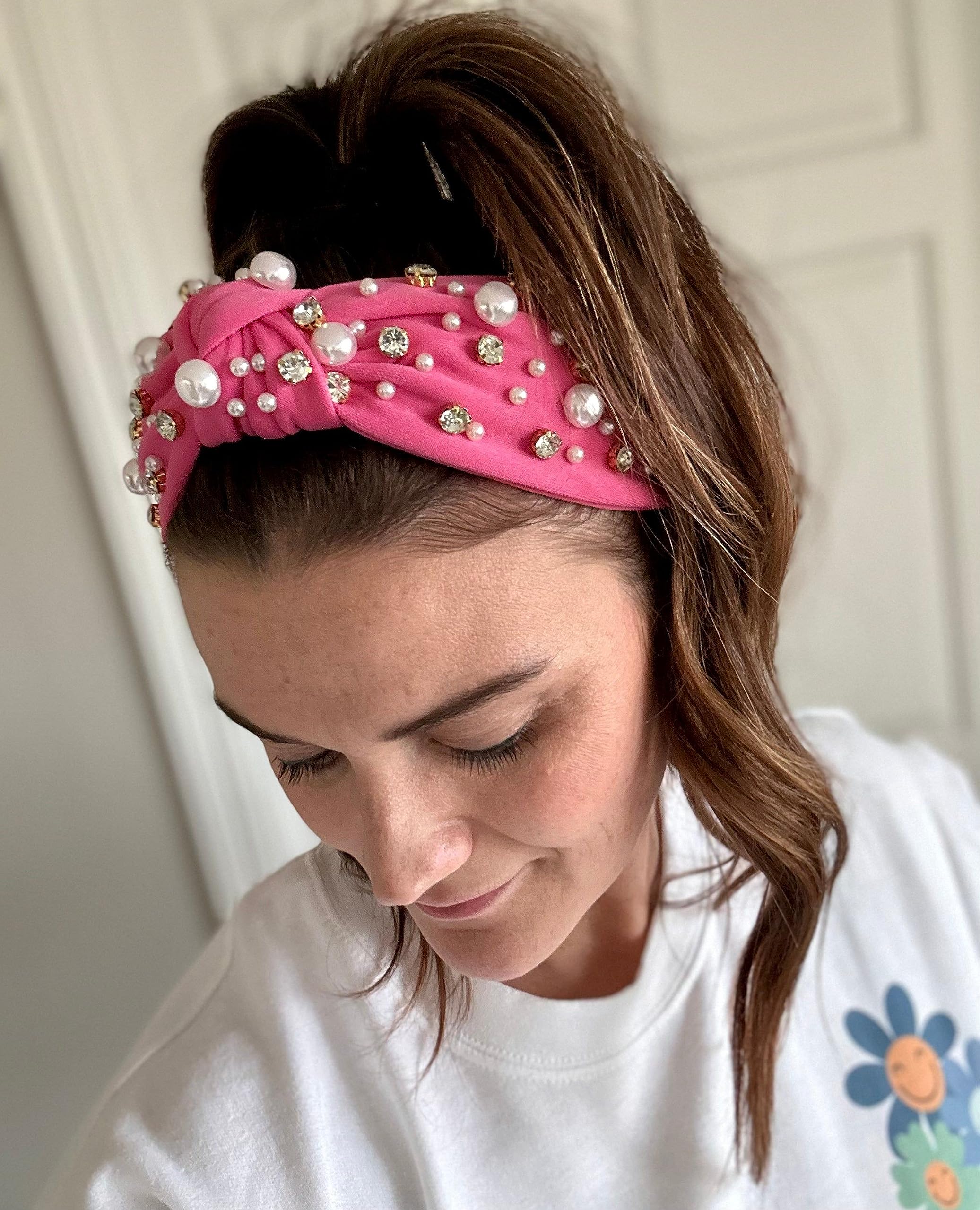 NEW Pink Lace Multi Stone Pearl Knot Embellished Headband Make It Shimmer Headband | Rhinestone & Pearl Topknot  main image 2