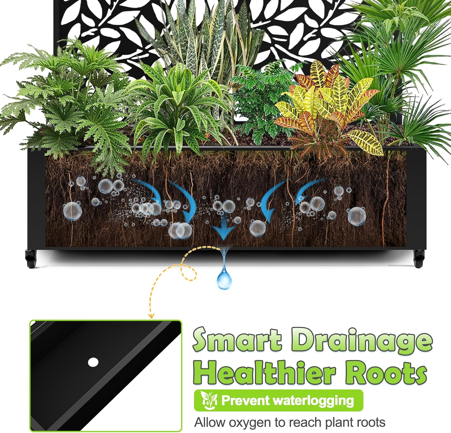 Metal Planter Box with Trellis for Patio, Privacy Planter Box with Trellis for Climbing Plants, Large Raised Garden Bed with Privacy Screen, Features Drainage Holes and Wheels (Black, Spring)
