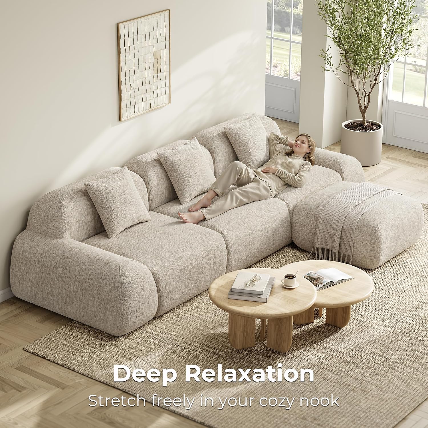 LIKIMIO LumiPebble Modular Sectional Sofa with Ottoman, 110" L-Shaped Boneless Couch for Living Room, Deep Seat with LuxeChenille Upholstery, No Assembly Required, Oatmeal