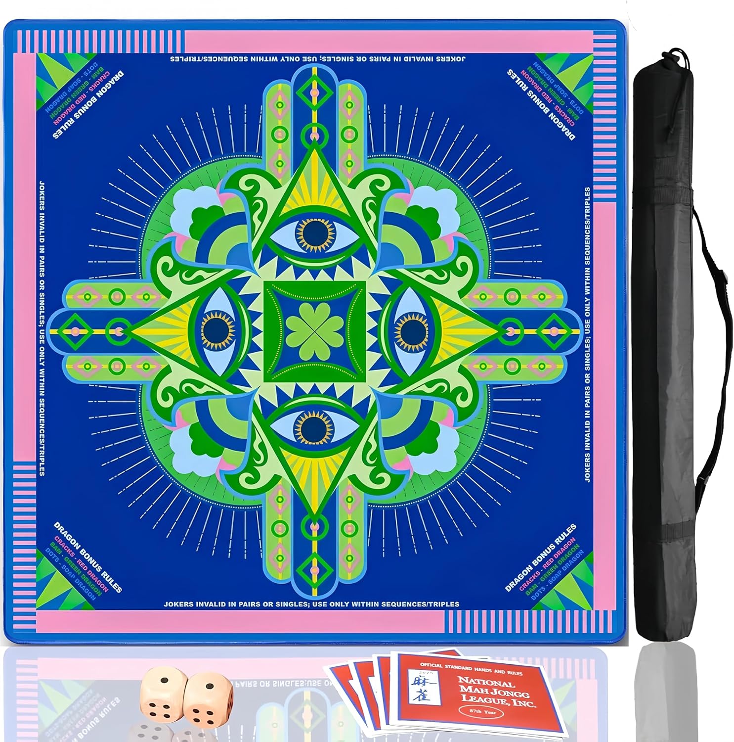 Mahjong Mat - No Creases Mahjong Mat with Game Rules, Dices and Carrying Bag, Large Size, Non-Slip & Noise Reduction Gaming Mat, Perfect for Poker, Board Games, Card Games and Dominoes(Blue-Green)