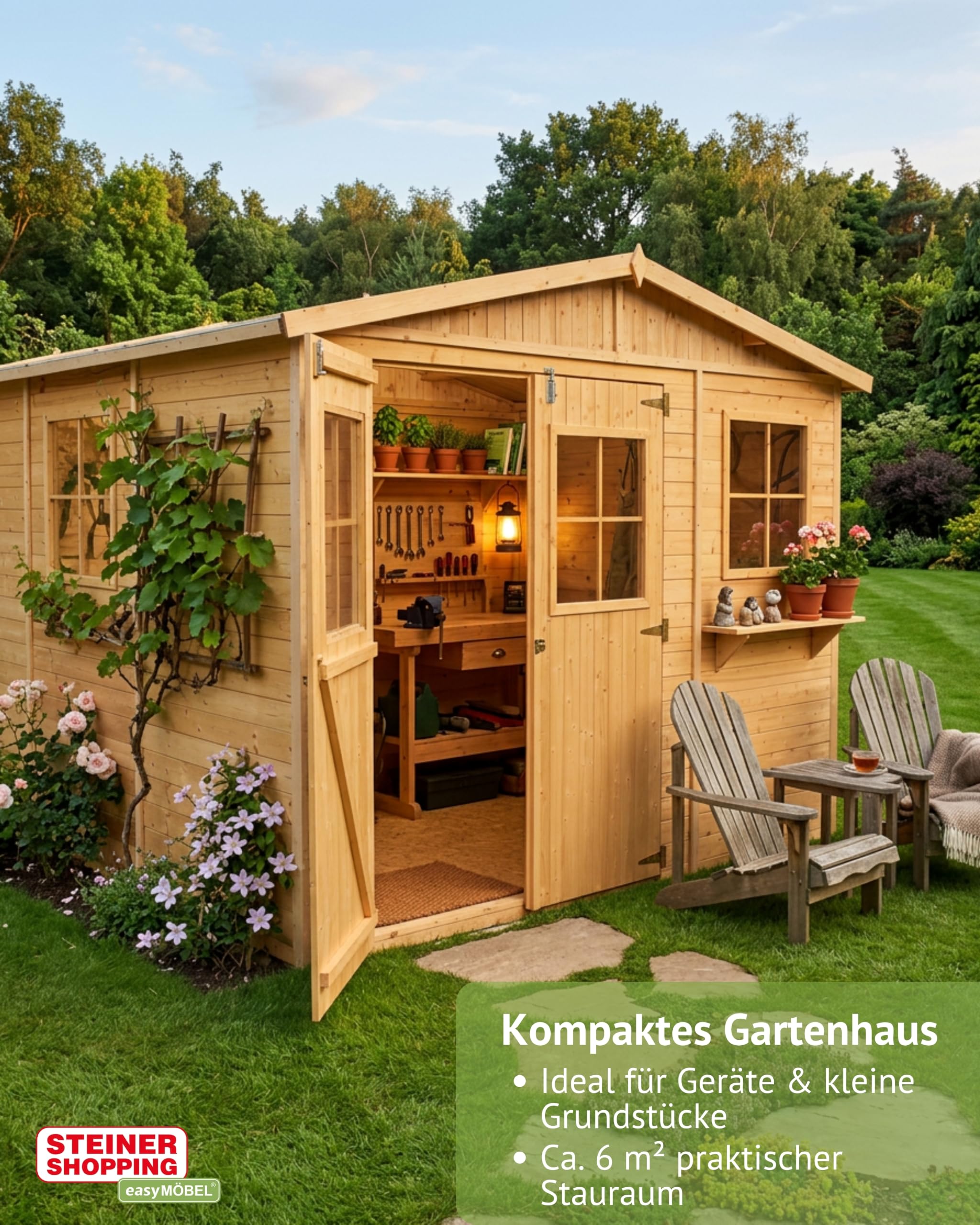 Steiner Shopping Gartenhaus Kufstein 300x200 cm aus Holz I Vorgefertigtes Elementhaus mit Satteldach & Dachpappe I Kompakter Geräteschuppen für Gartengeräte & Fahrräder I Robuste Gartenhütte