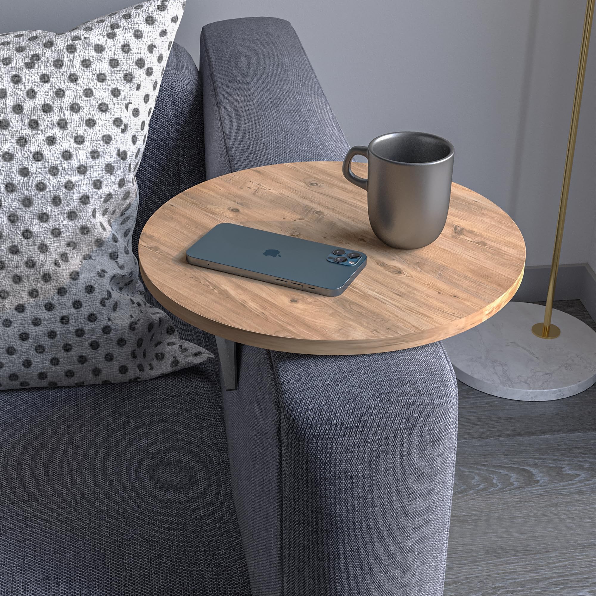 Plateau de canapé avec accoudoir, plateau de canapé réglable, porte-gobelet, design spécial, support en métal pratique, plateau de siège, diamètre 35 cm (aspect bois)