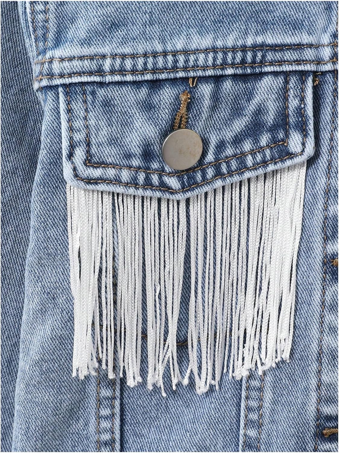 MakeMeChic Girl's Fringe Denim Cropped Jackets Long Sleeve Raw Trim Button Down Jean Cowgirl Y2K Cute Jacket