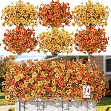 40% off: Alupssuc 24 Bundles Artificial Fall Flowers, UV Resistant Faux Mums Porch