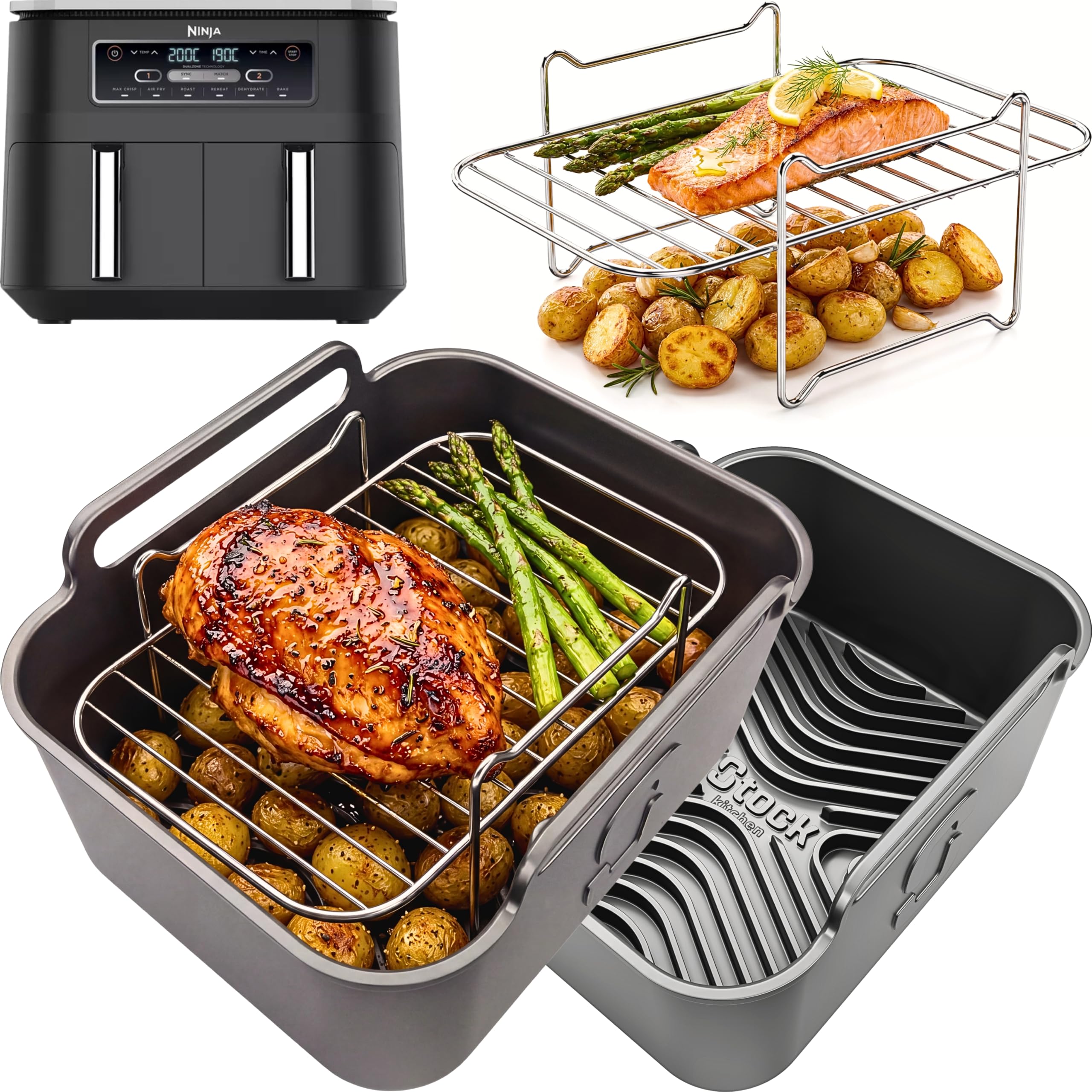 Ninja AF300UK Accessories | Airflow Pro™ Silicone Liners + Racks for Ninja Dual Zone 7.6L AF300UK | 2 Liners, 2 Stainless Steel Racks + 4 Skewers | Dishwasher Safe | by iStock Kitchen