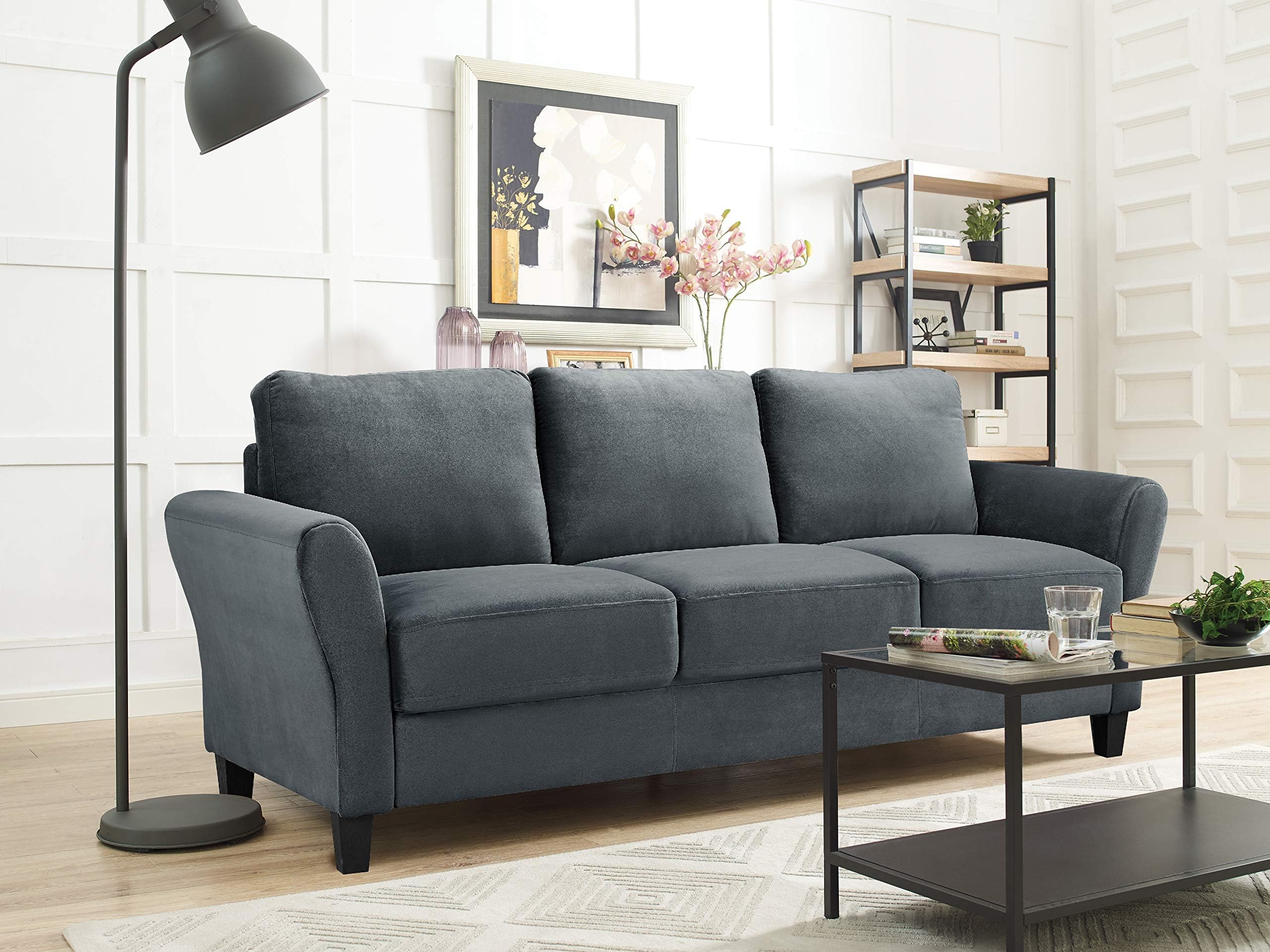 Lifestyle Solutions Alexa 3-Seat Rolled Arm Microfiber Sofa (Dark Grey)