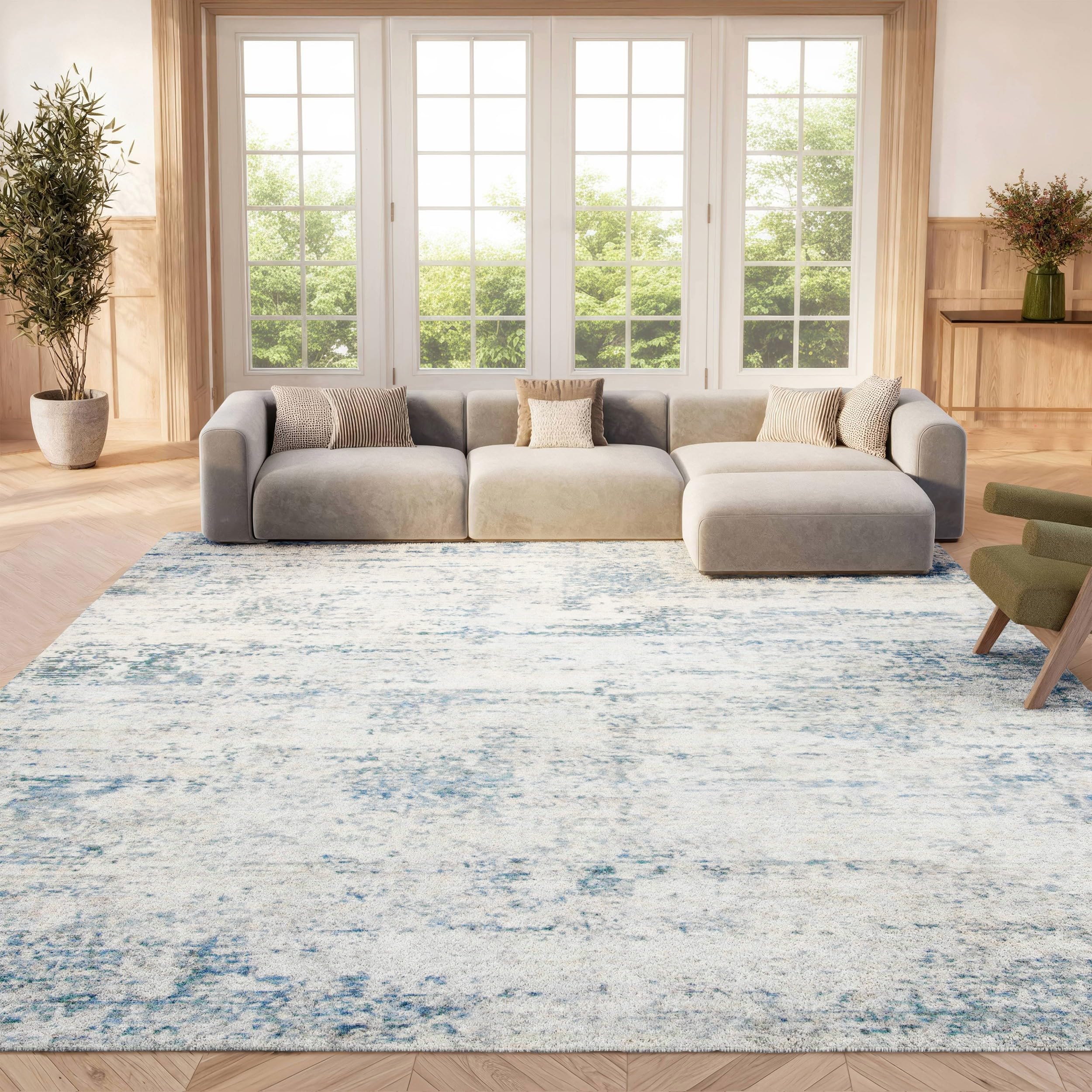 Amelia Collection Area Rug - 8' x 10', Ivory & Blue, Modern Abstract Design, Non-Shedding & Easy Care, Ideal for High Traffic Areas in Living Room, Bedroom (ALA700A)