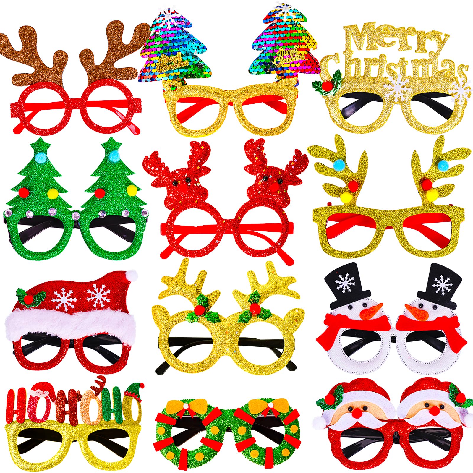 Max Fun 12Pcs Christmas Glasses Glitter Holiday Party Glasses Frames Christmas Decoration Accessories Costume Eyeglasses for Christmas Parties Holiday Favors (One Size Fits All)