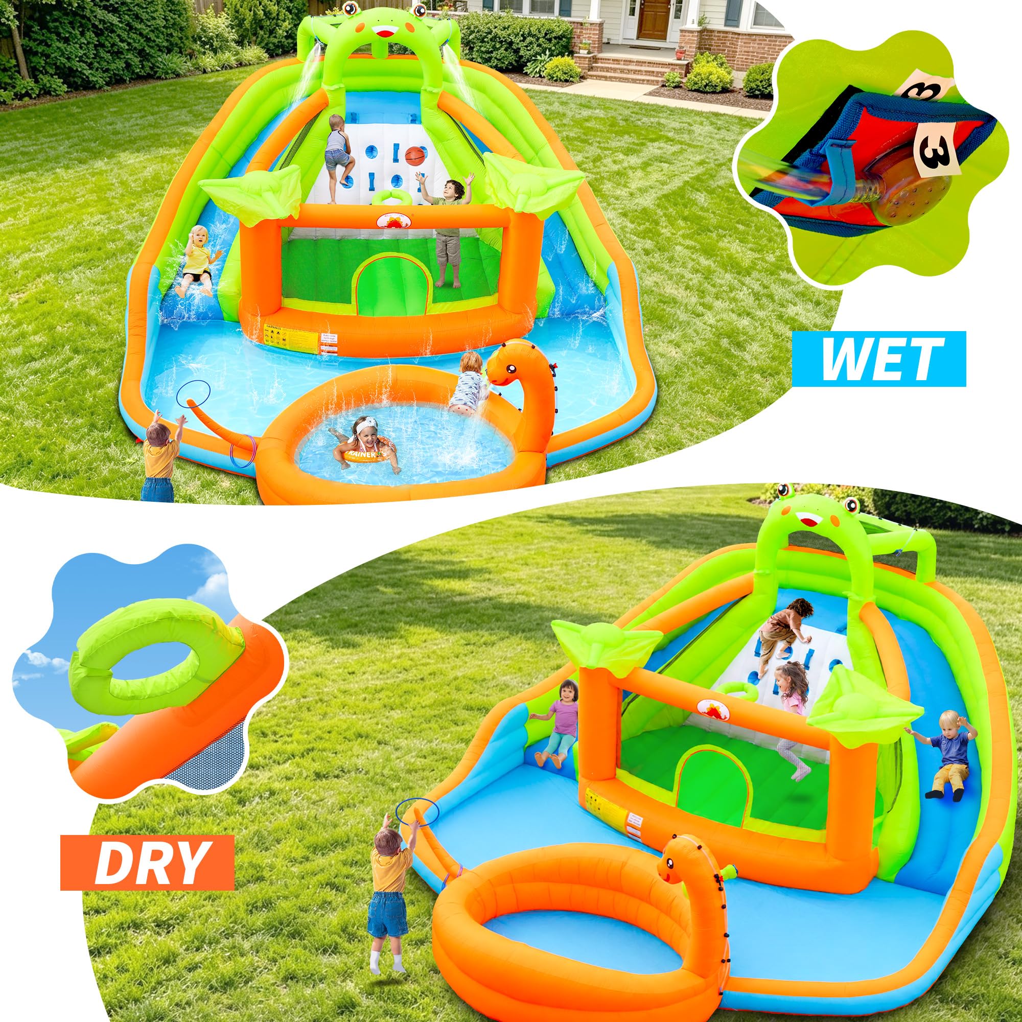 WELLFUNTIME Parque inflable de doble tobogán acuático con soplador, castillo inflable con cañón de agua, piscina de dinosaurios, castillo de rana, pared de escalada, aro de baloncesto, parque acuático