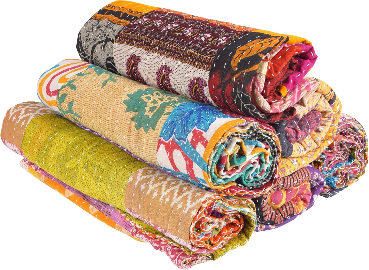 Vintage Indian Quilt Handmade Bedspreads, Whole Kantha Lot,Throws,Ralli,Reversible Bohemian Home Decor Cotton Blanket Gudari, Quilt for Sale – Assorted Color (Pack of 1)