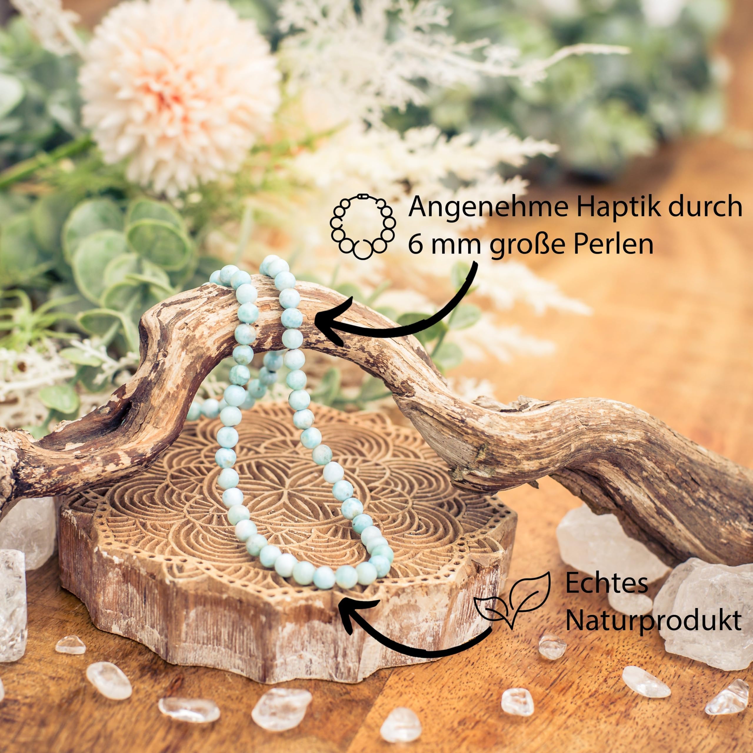 Larimar Kugelkette 6 mm Perlen 45 cm Kette Edelstein Heilstein Silber Damen | Inkl. Edelsteinkarte | 925er Silber-Karabinerverschluss | Ideal als Geschenk