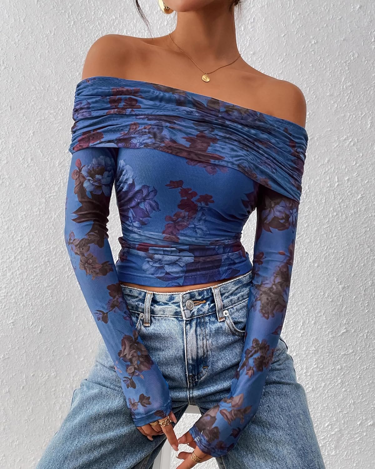 PRETTYGARDEN Womens Tops 2026 Spring Off The Shoulder Long Sleeve Fitted Y2k Shirts Floral Ruched Mesh Going Out Outfits - Image 3