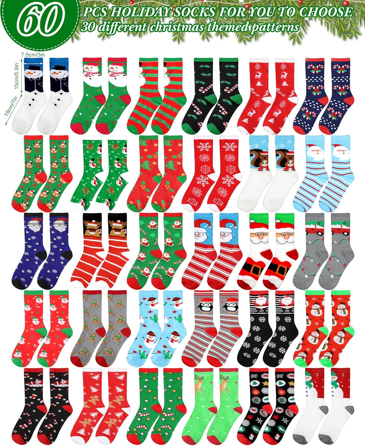 Vabean 60 Pairs Christmas Socks Gifts for Adults Colorful Novelty Holiday Crew Socks Festive Women Socks Office Gifts for Men - Image 6
